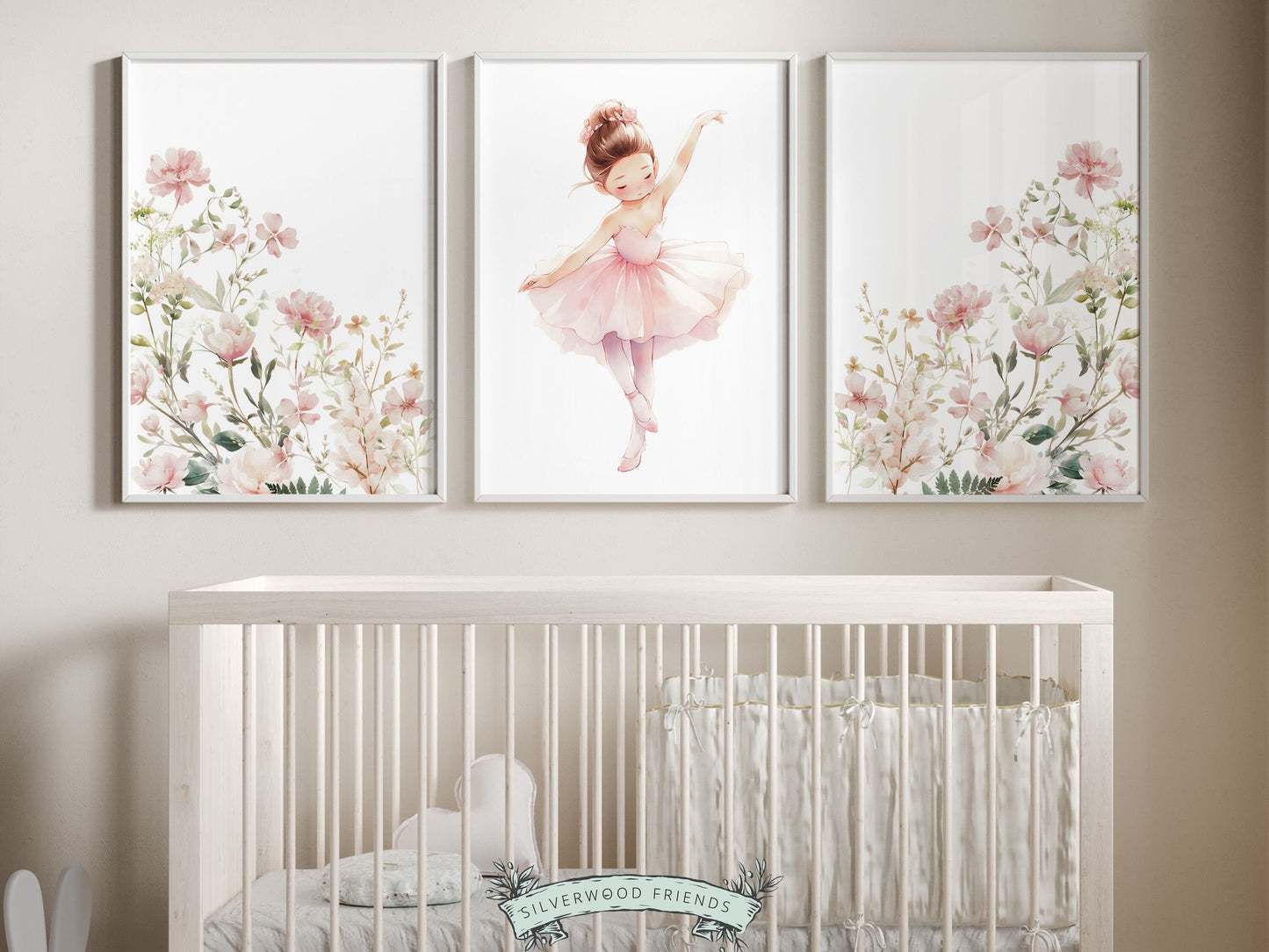 Set of 3 Ballet Nursery Prints, showcasing a ballerina dancing surrounded by watercolor wildflowers. Perfect for your ballet nursery or wildflower bedroom decor, these prints make an adorable baby shower gift inspiring dreams of graceful twirls.