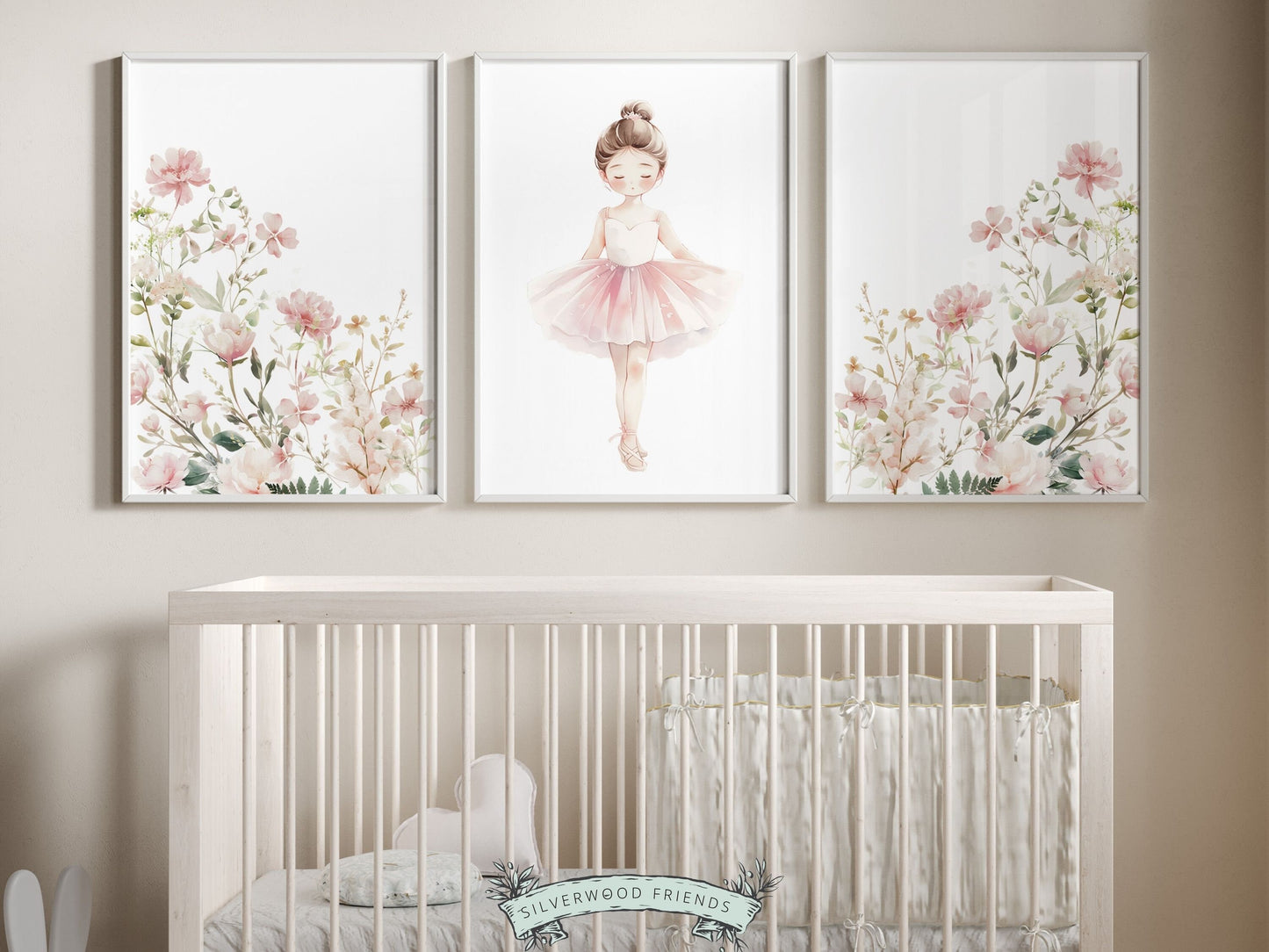 Set of 3 Ballet Prints featuring pink wildflowers and a little ballerina. Perfect for your ballet nursery decor or wildflower nursery and also make an adorable ballet baby shower gift that captivates the magic of twirls and tiptoes.