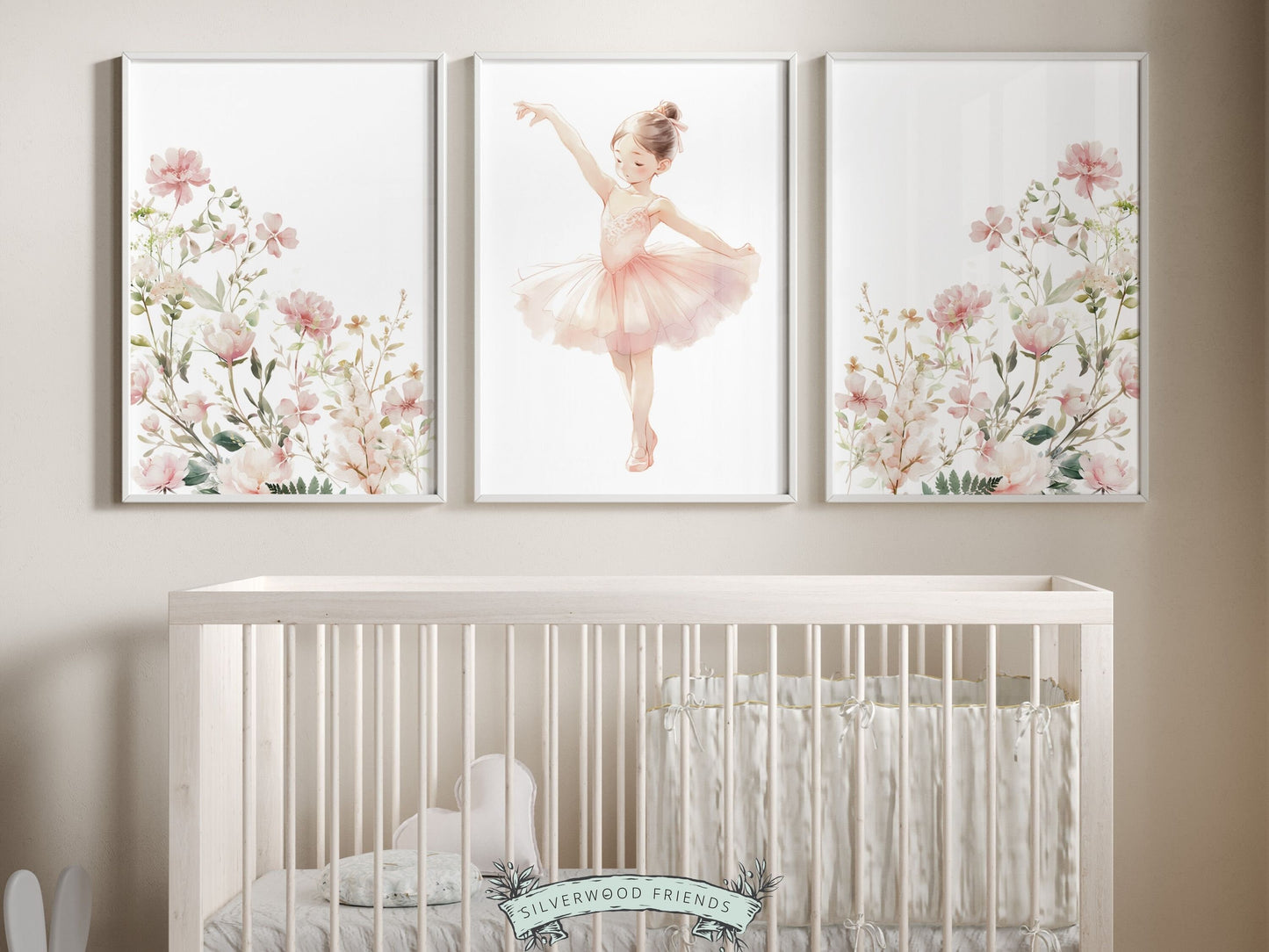 Set of 3 Ballet Prints featuring pink wildflowers and a little ballerina. Perfect for your ballet nursery decor or wildflower nursery and also make an adorable ballerina baby shower gift that captivates the magic of twirls and tiptoes.