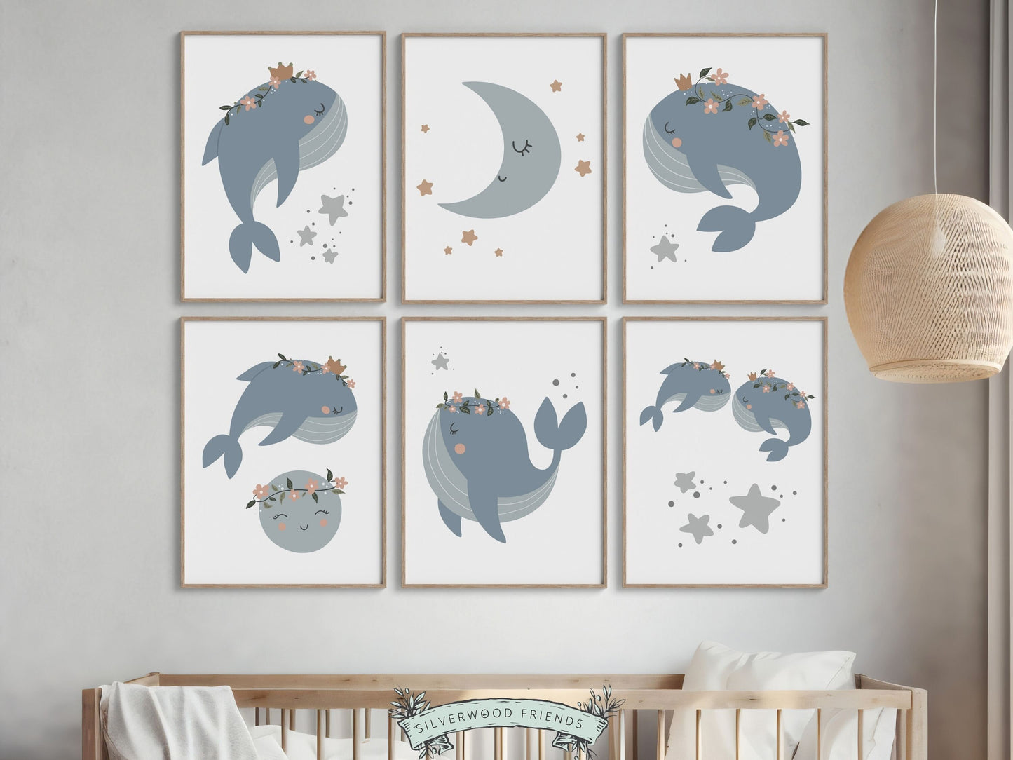 Set of 6 Whale Nursery Prints, featuring serene blue whales soaring amidst stars and the moon. Perfect for your ocean nursery decor or under the sea theme bedroom, and also makes for a delightful and thoughtful ocean themed baby shower gift.