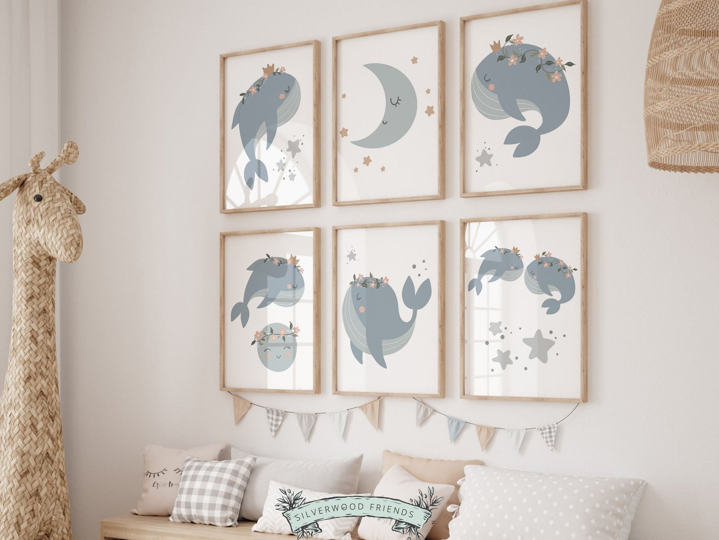 Blue Whale Nursery Wall Art, Baby Girl's Celestial Whale Nursery Decor, Ocean Newborn Gift, Girls Under The Sea Whale Nursery Digital Prints