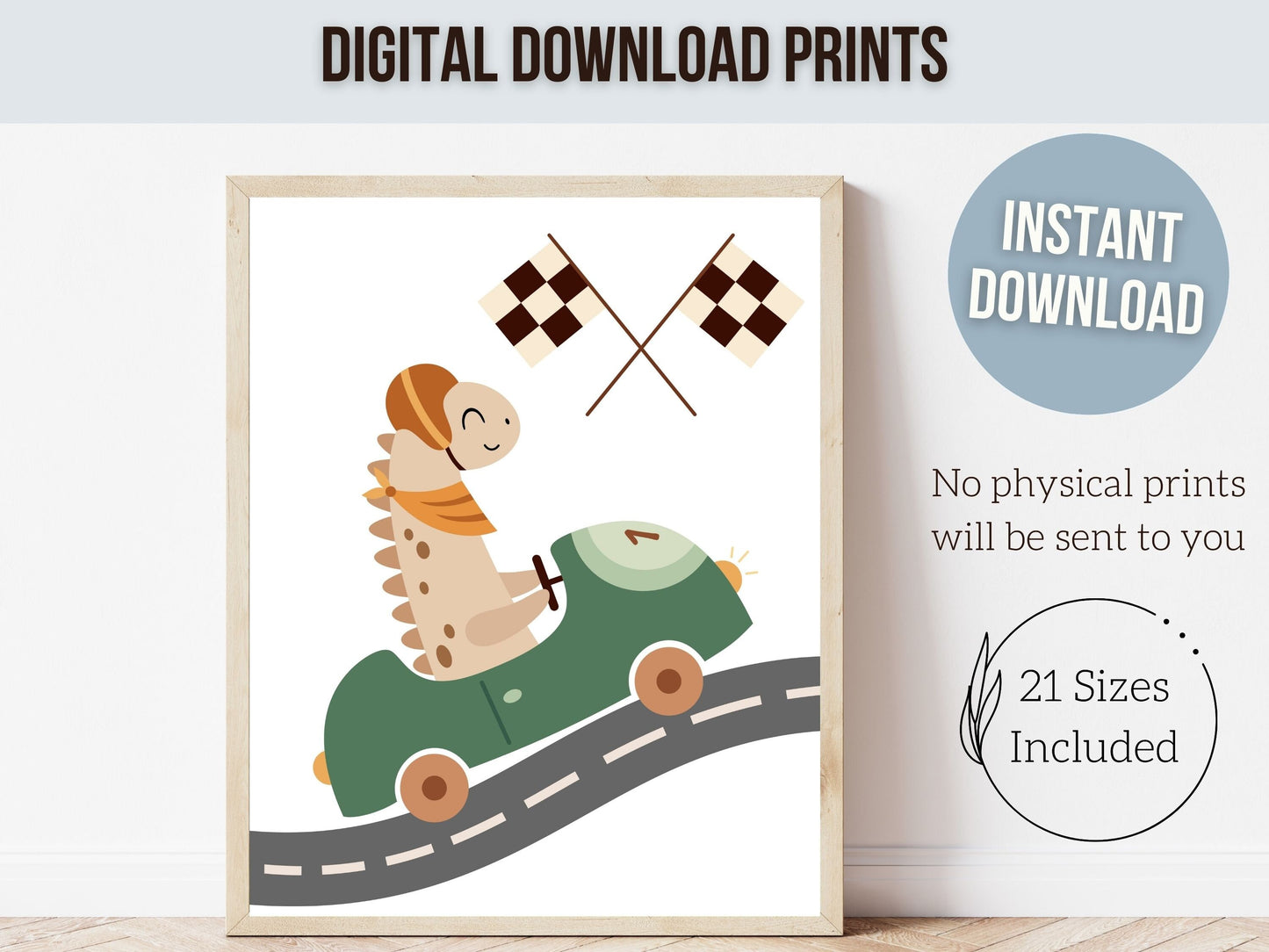 Dinosaur Nursery Prints, Dinosaur Driving Racing Car Print, Baby Boys Dino Bedroom Decor, Kids Room Dino Print, Dinosaur Room Digital Prints