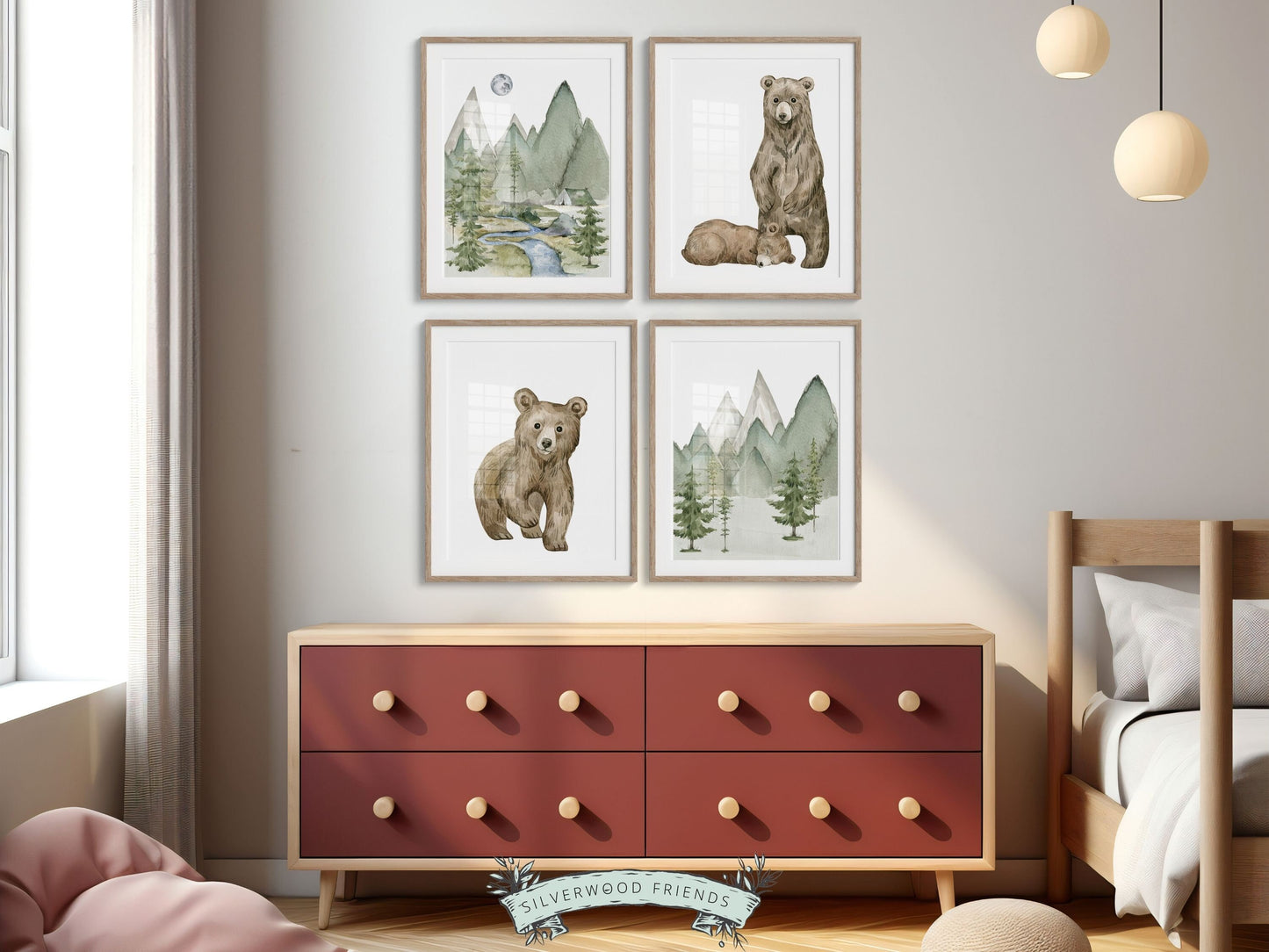 Baby Bear Nursery Print, Mountain Bear Nursery Decor, Forest Bear Nursery Wall Art, Green Woodland Nursery Decor, Newborn Gift Digital Print