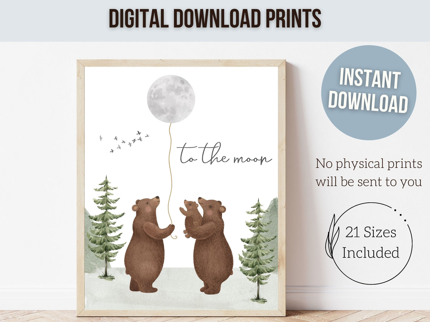 Bear Nursery Prints, Woodland Bear Nursery Decor, Mountain Nursery Print, Bear Baby Shower Gift, Love You To The Moon And Back Digital Print