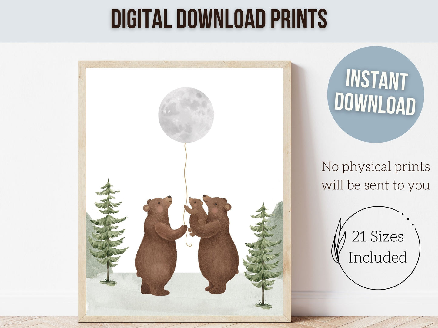 Bear Nursery Prints, Woodland Bear Nursery Decor, Mountain Nursery Print, Bear Baby Shower Gift, Love You To The Moon And Back Digital Print