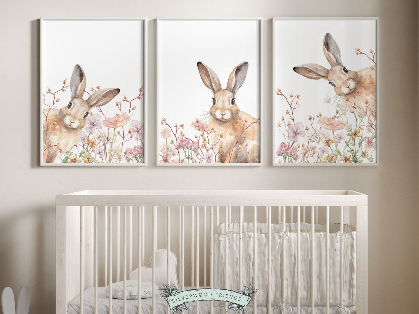 Our gorgeous Bunny Wildflower Nursery Prints with watercolor bunny rabbits and wildflowers, are perfect for your baby girls wildflower nursery decor and also makes an adorable baby girl baby shower gift.