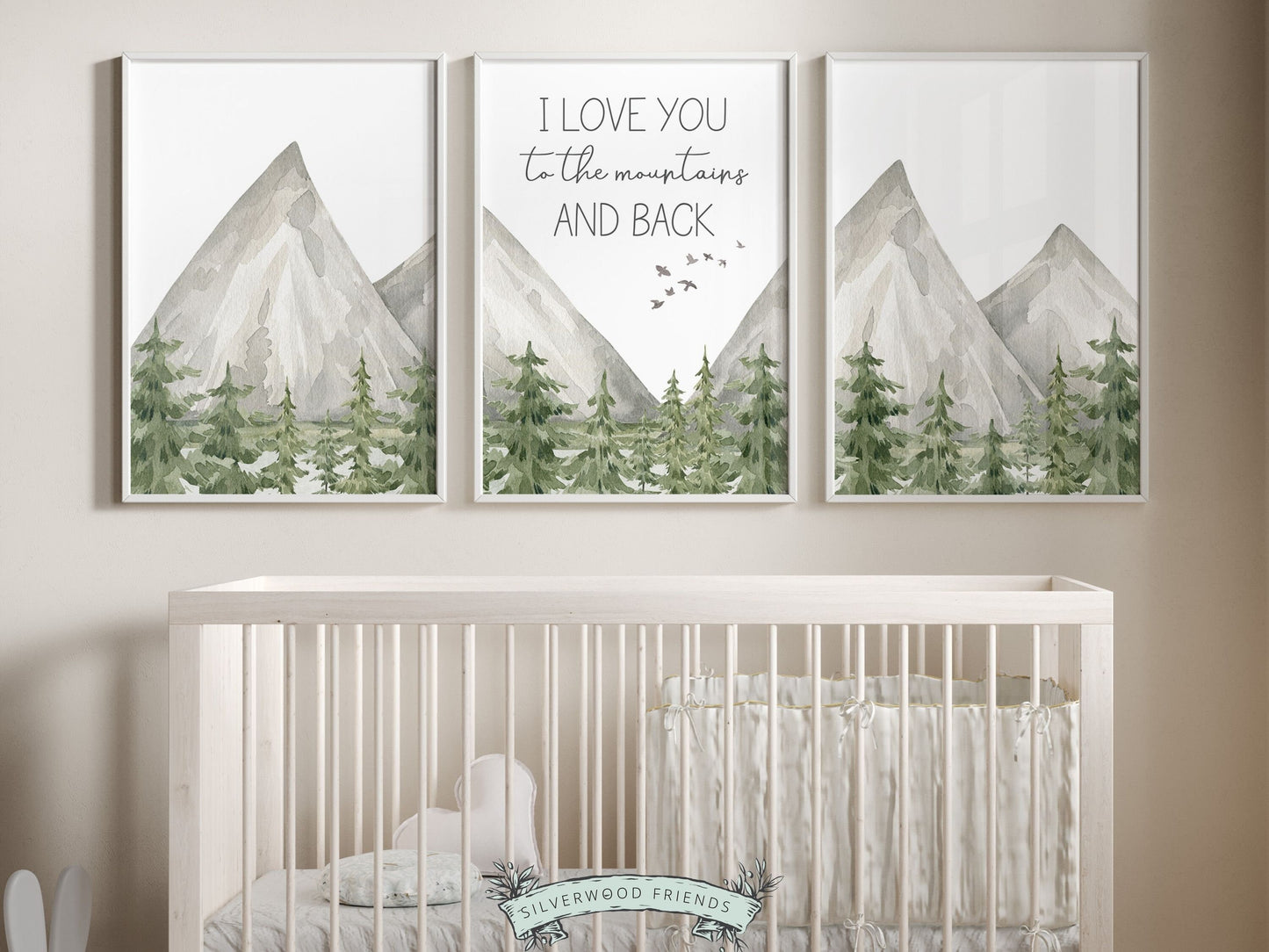 Set of 3 watercolor mountain prints, featuring the quote I love you to the mountains and back set against a mountain and woodland forest landscape. Add a touch of natural beauty to your mountain nursery and makes a lovely neutral baby shower gift.