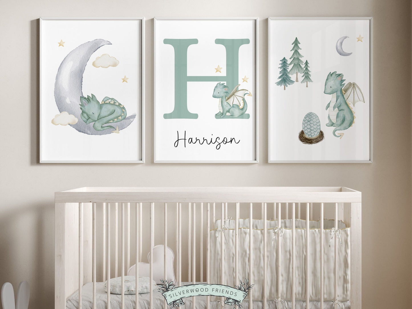 Custom Baby Dragon Nursery Name Prints Set of 3 with watercolor dragons, moon, clouds, and woodland forest trees, is perfect for your dragon nursery decor or fantasy theme nursery and also makes a unique gender neutral baby shower gift.