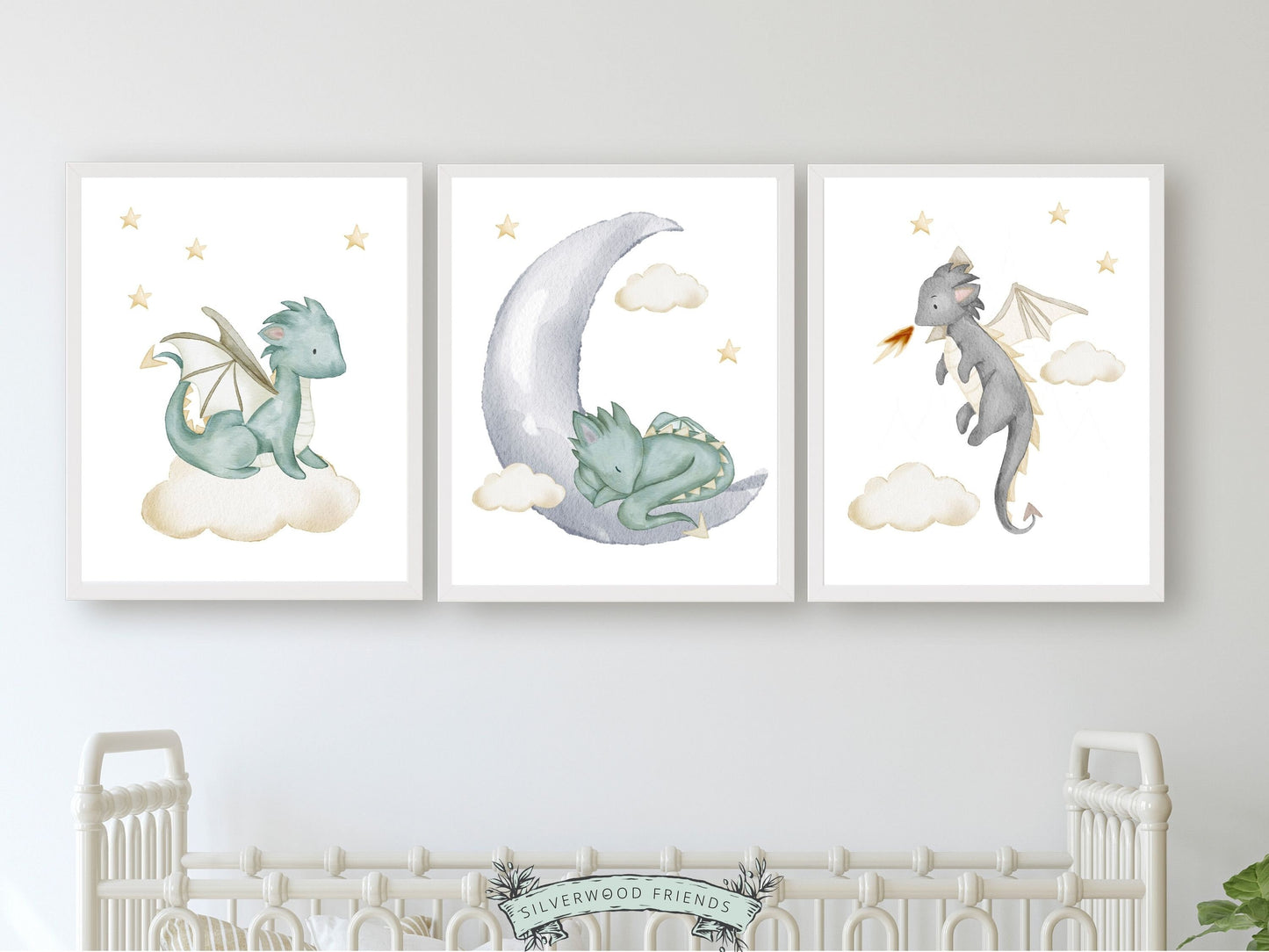 Set of 3 Baby Dragon Nursery Prints featuring watercolour baby dragons, will spark their imagination and create a calm and cosy atmosphere. Its perfect for your dragon nursery decor or fantasy theme nursery and also makes an adorable gender neutral dragon baby shower gift.