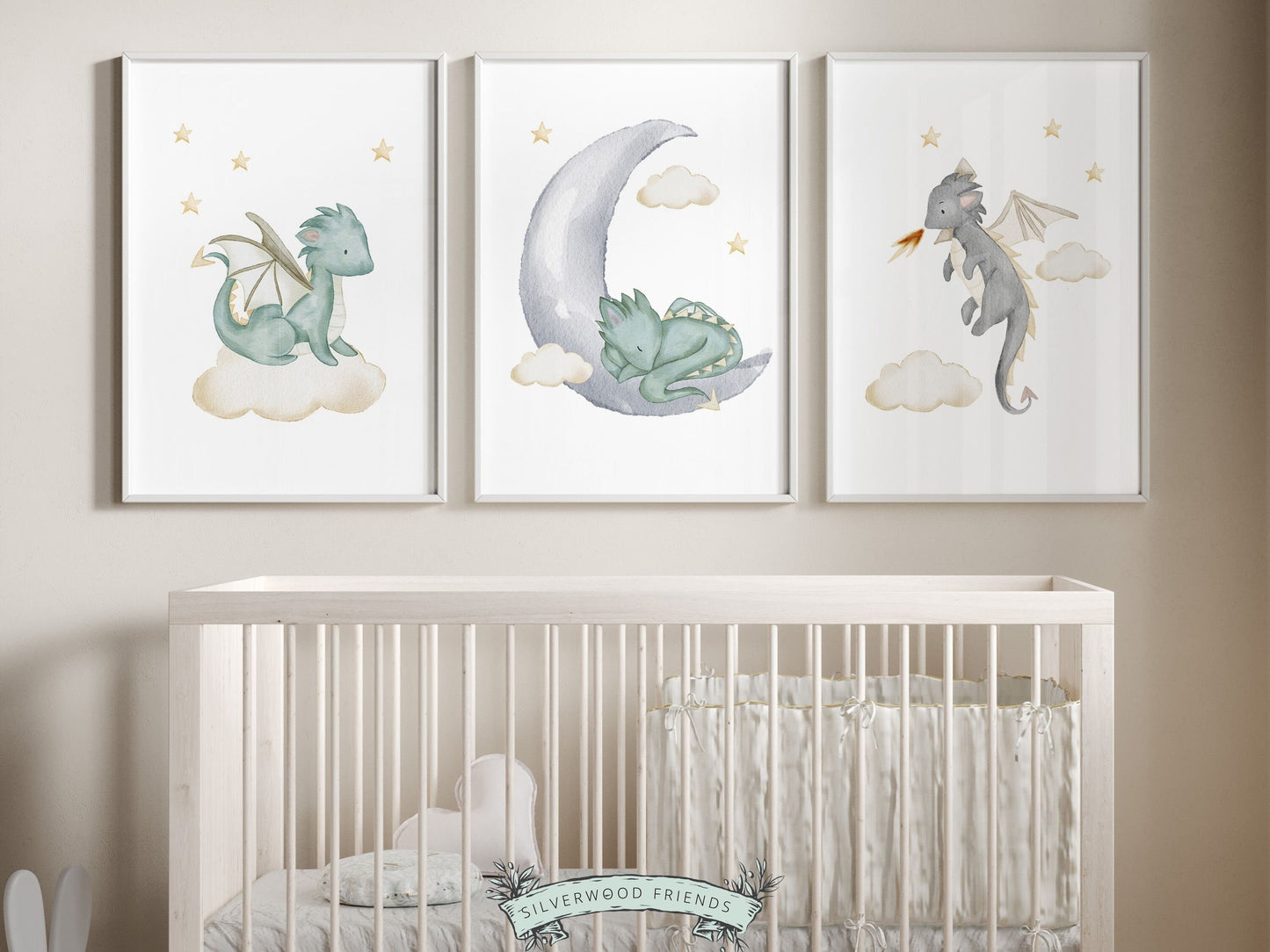 Set of 3 Baby Dragon Nursery Prints featuring watercolor baby dragons. Its perfect for your dragon nursery decor or fantasy theme nursery and also makes an adorable gender neutral dragon baby shower gift.
