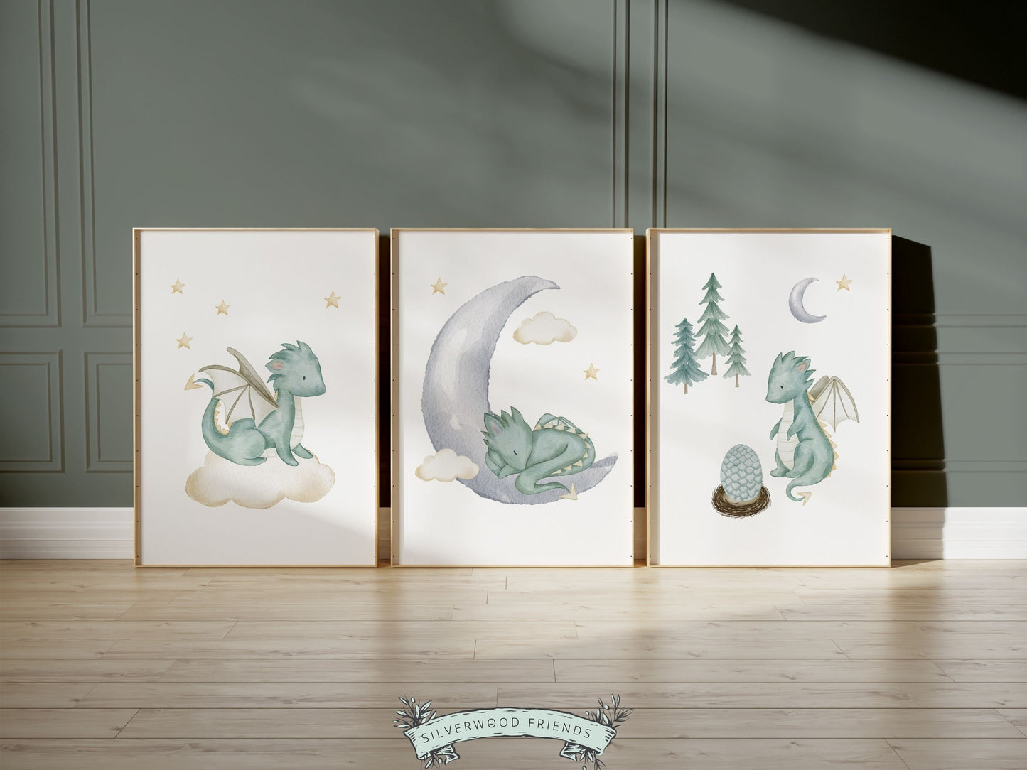 Baby Dragon Nursery Prints, Sage Green Dragon Nursery Decor, Fantasy Nursery Wall Art, Dragon Baby Shower Gift, Newborn Gift Digital Prints