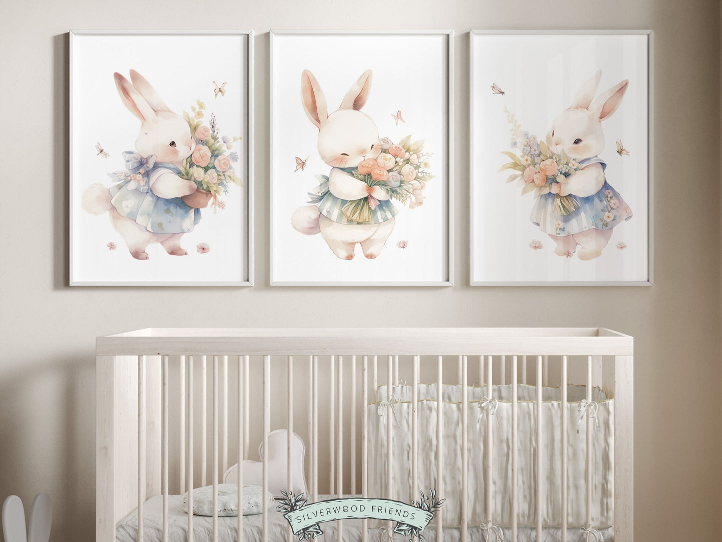 Bunny Nursery Prints, featuring delicate bunny rabbits, wildflowers and butterflies. Ideal for creating a delightful atmosphere in your little girls wildflower themed nursery or as a delightful Easter or baby shower gift for babies and toddlers.