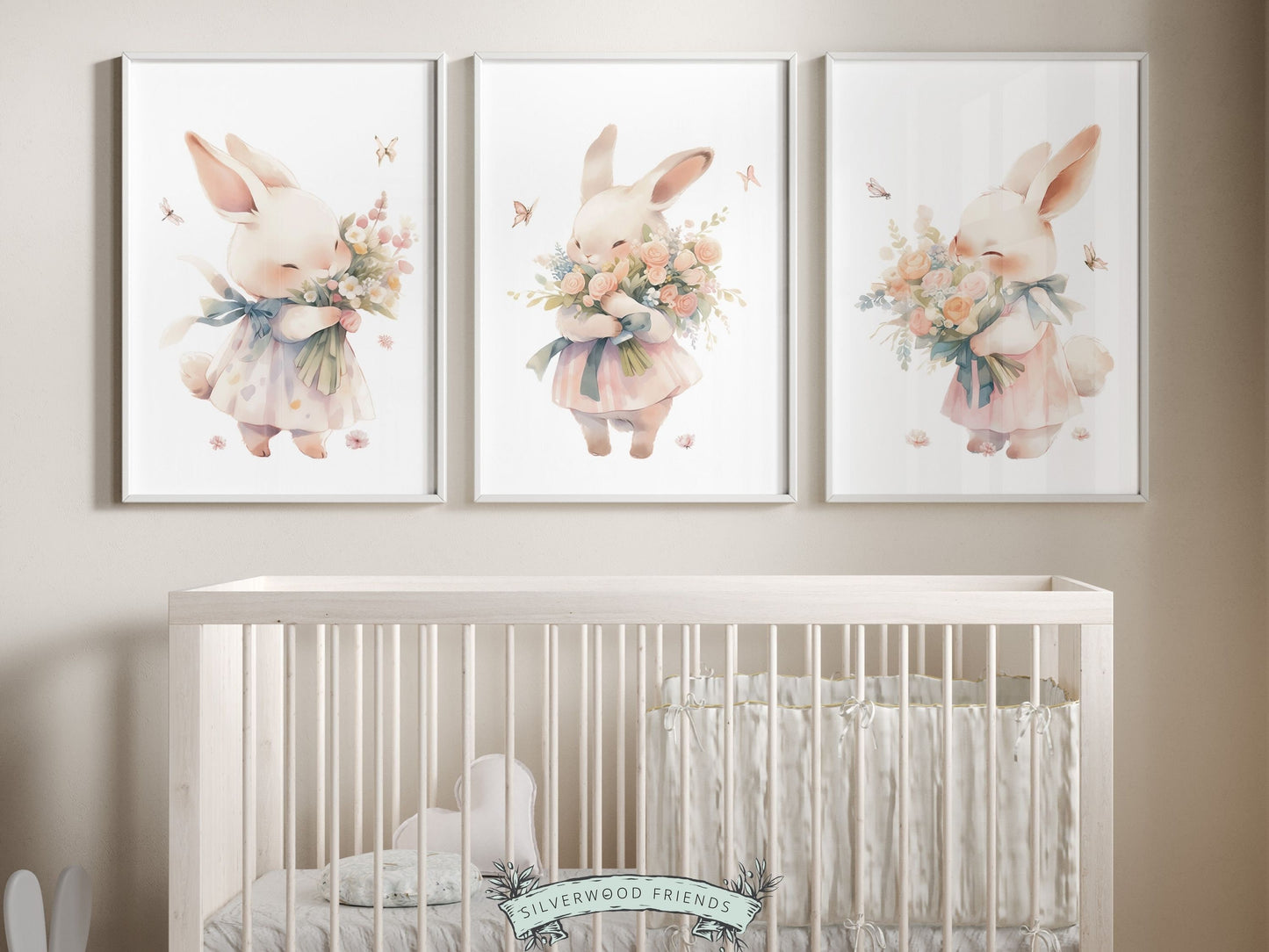 Bunny Nursery Prints, featuring delicate bunny rabbits, wildflowers, and butterflies. Ideal for creating a delightful atmosphere in your little girls wildflower themed nursery or as a delightful Easter or baby shower gift for babies and toddlers.