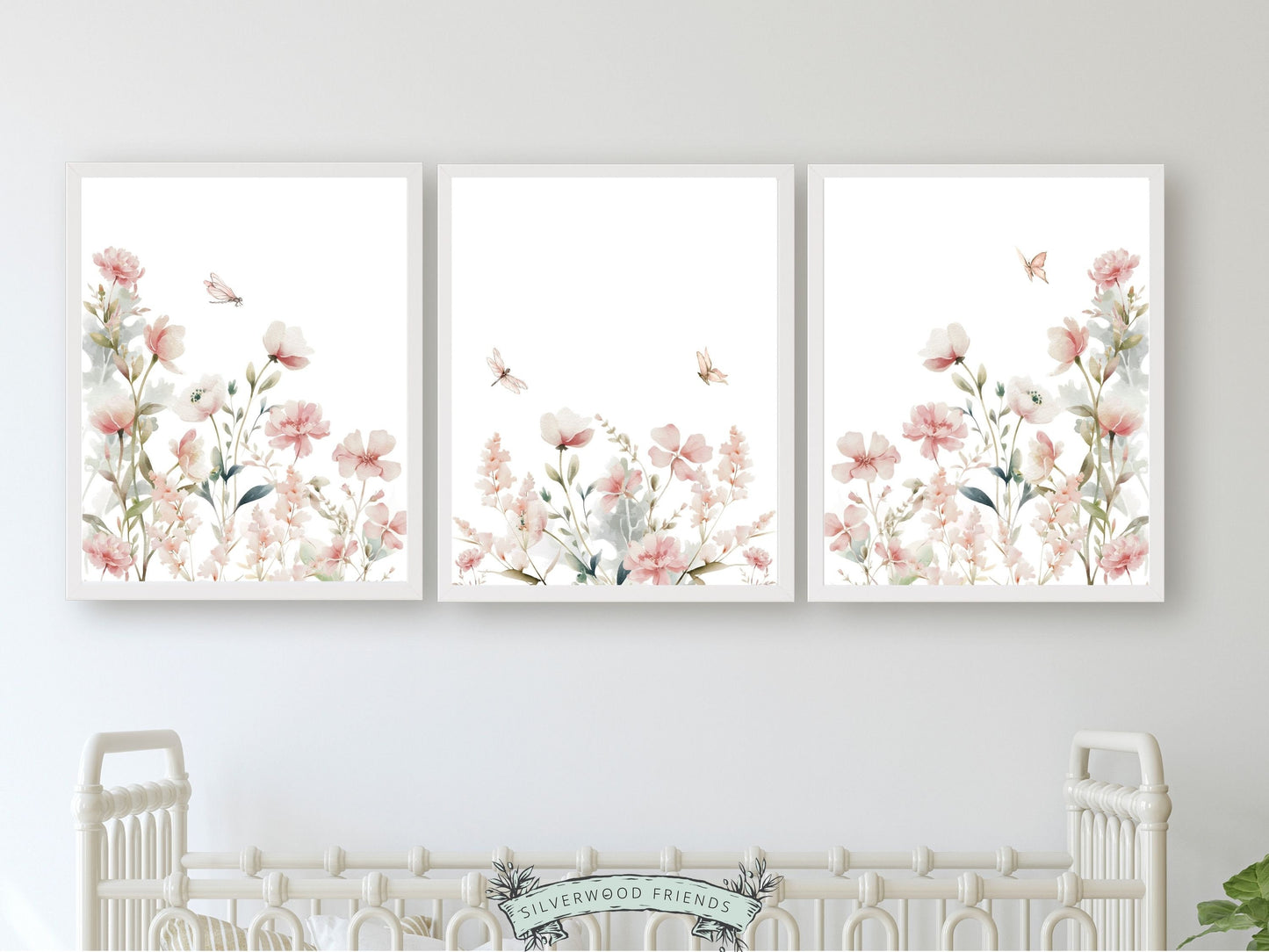 Our gorgeous Wildflower Nursery Prints with watercolour wildflower meadow flowers, butterflies and dragonflies is perfect for your wildflower nursery decor or boho nursery and also makes a unique baby shower gift.