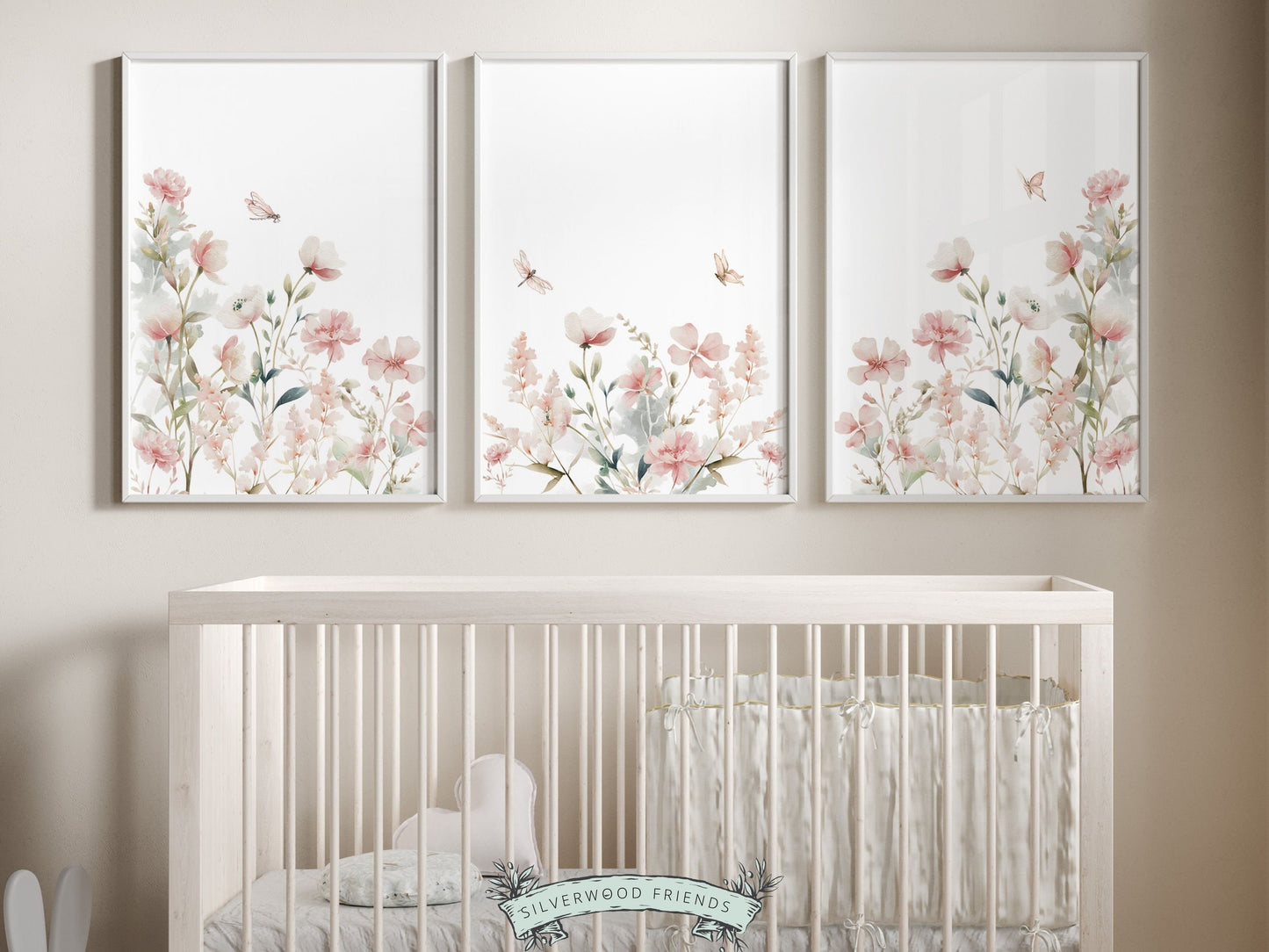 Our gorgeous Wildflower Nursery Prints with watercolor wildflower meadow flowers, butterflies and dragonflies is perfect for your wildflower nursery decor or boho nursery and also makes a unique baby shower gift.
