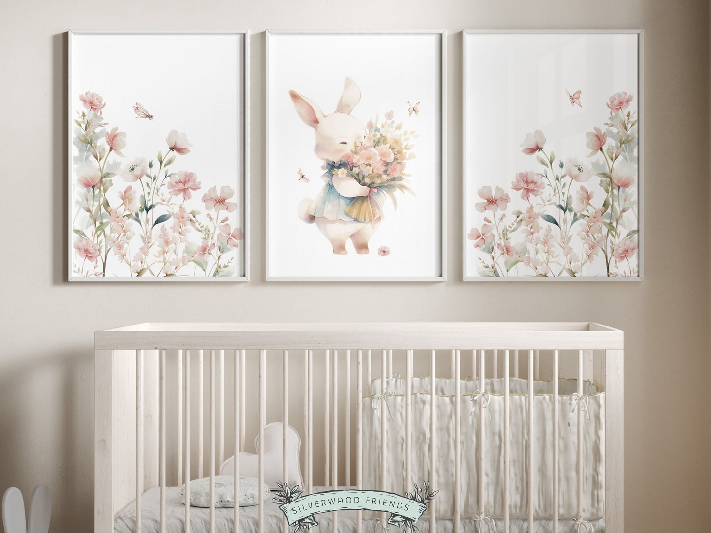 Bunny Nursery Prints, adorned with delicate bunny rabbit, wildflowers, and butterflies. Perfect for crafting a delightful ambiance in your little girls wildflower nursery or as a charming Easter or baby shower gift for infants and toddlers.