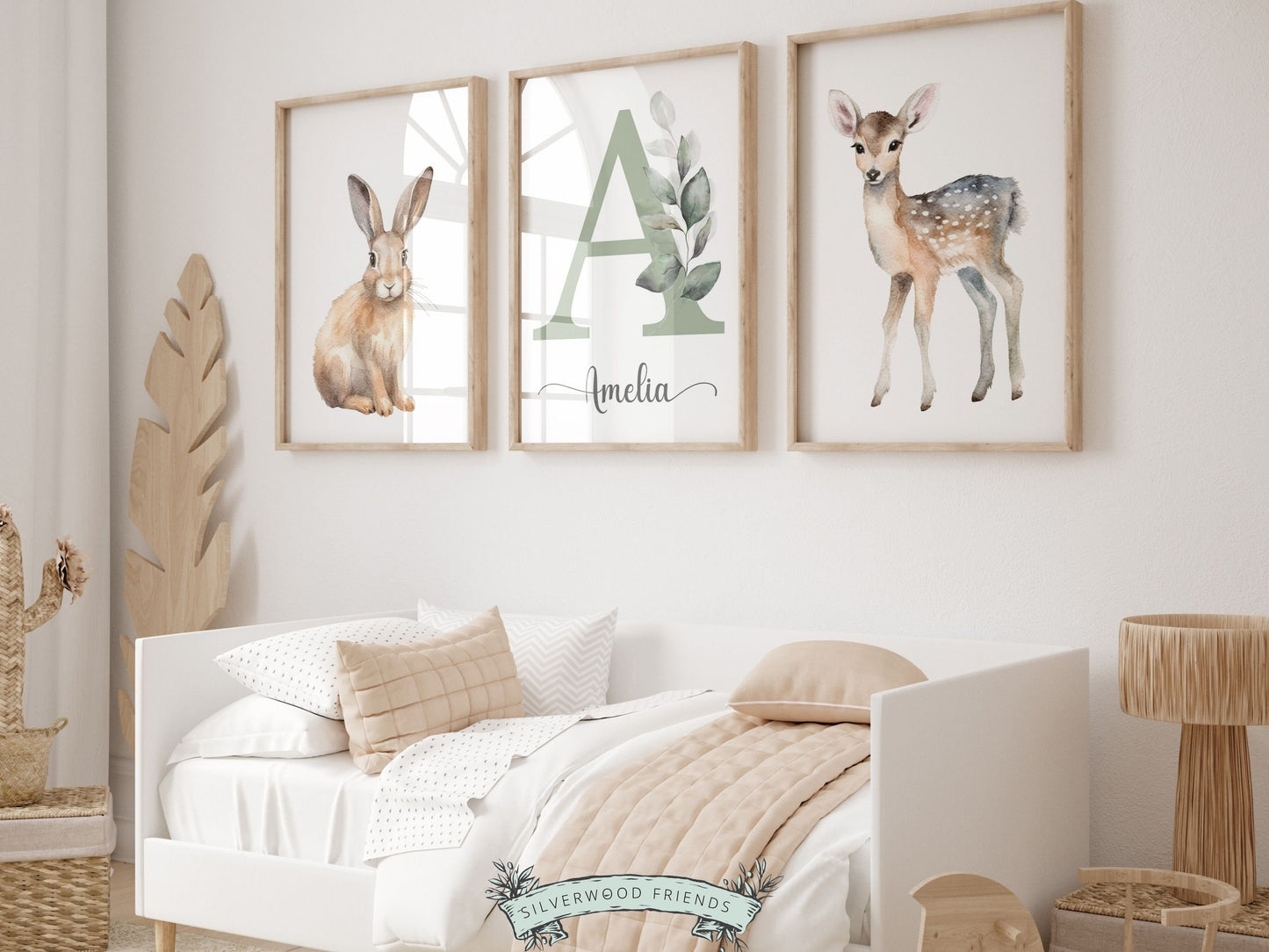 Woodland Forest Nursery Prints, Woodland Bunny Nursery Decor, Deer Nursery Print, Custom Baby Name Personalised Nursery Gift Digital Prints