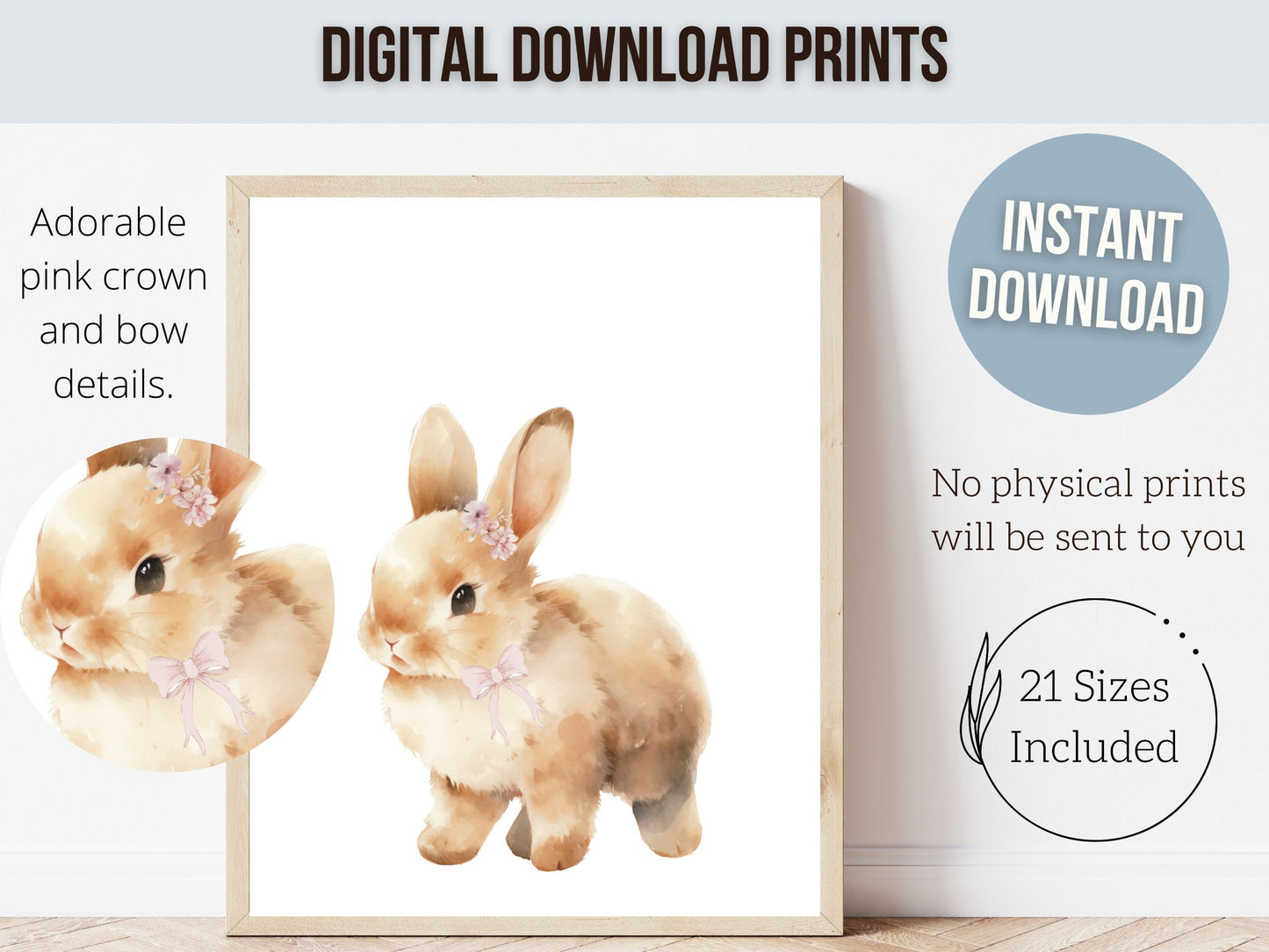 Bunny Nursery Prints, Floral Bunny Nursery Wall Art, Woodland Wildflower Nursery Decor, Girl Nursery Prints, Pink Bow Nursery Digital Print
