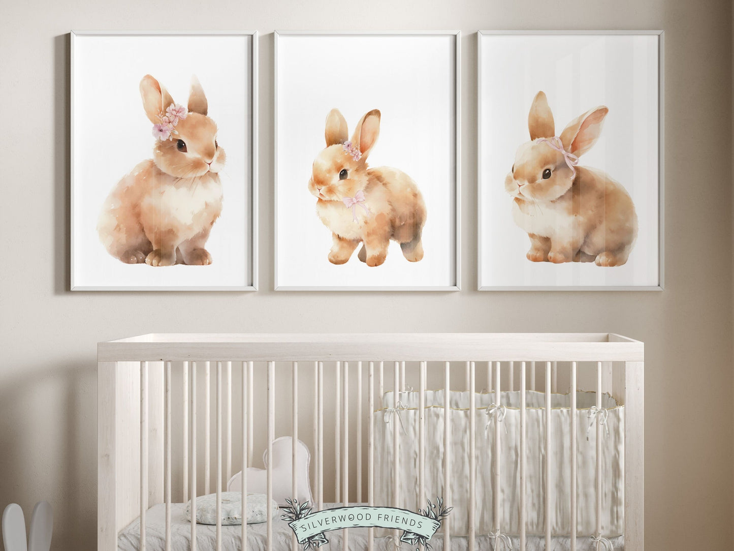 Our gorgeous Bunny Nursery Prints with watercolor baby bunny rabbits with floral crowns and bows, are perfect for your baby girls nursery decor and also makes a unique baby girl baby shower gift.