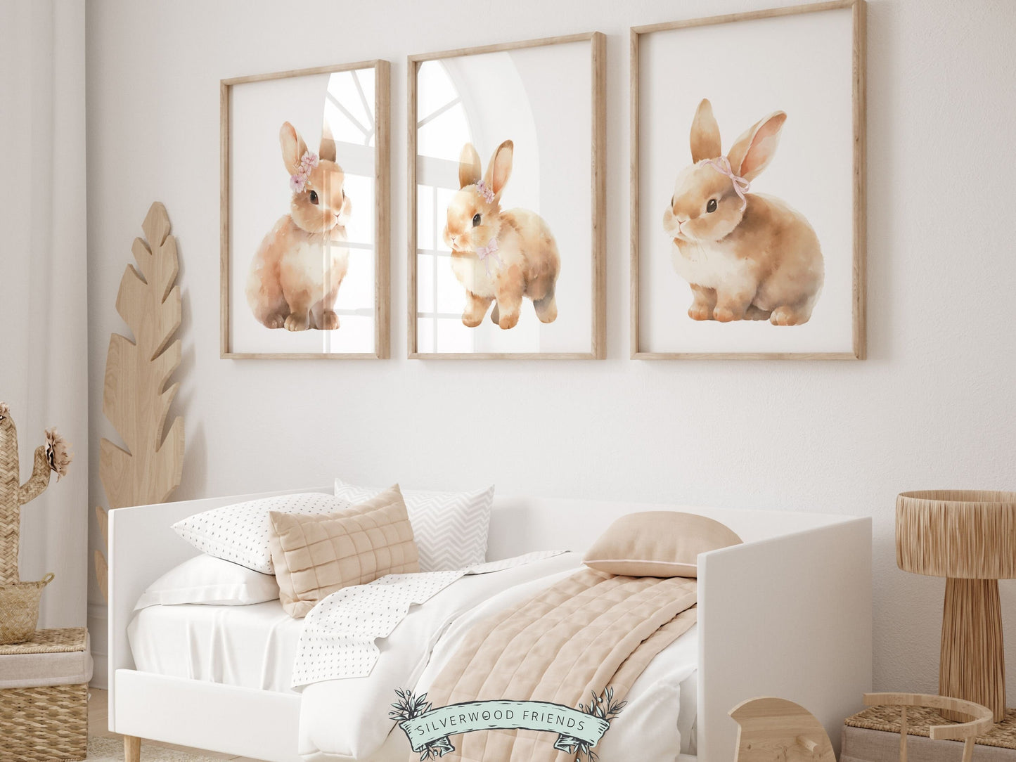 Bunny Nursery Prints, Floral Bunny Nursery Wall Art, Woodland Wildflower Nursery Decor, Girl Nursery Prints, Pink Bow Nursery Digital Print