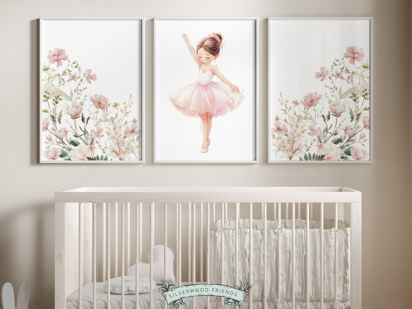 Set of 3 Ballet Prints featuring pink wildflowers and a little ballerina. Perfect for your ballet nursery decor or wildflower nursery and also make an adorable baby shower gift that captivates the magic of twirls and tiptoes.