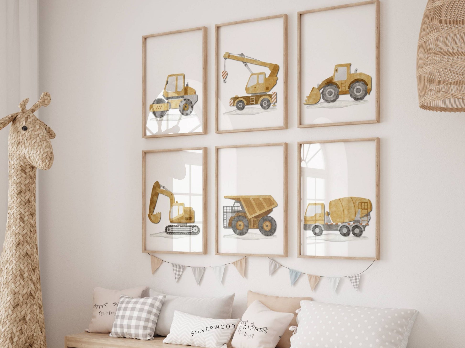 Discover the perfect addition to your boys nursery decor with our Construction Nursery Prints Set of 6. Featuring beautiful watercolour construction vehicles, it is perfect for your transport nursery decor or as a boys baby shower gift.