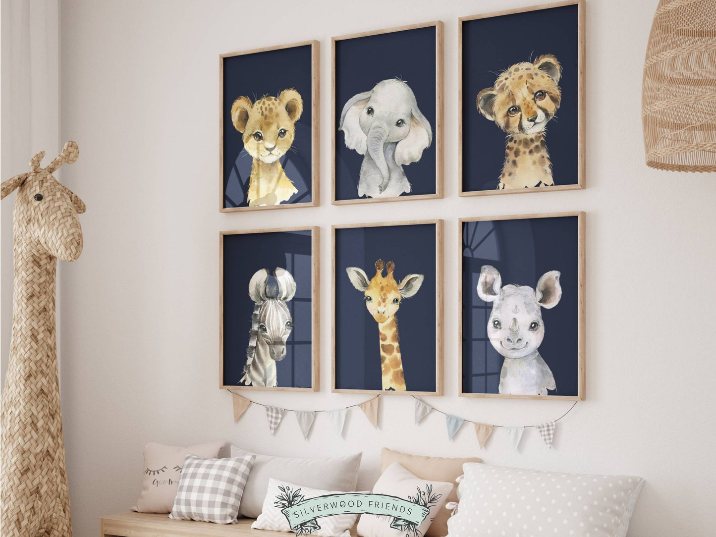 Navy Blue Jungle Animal Nursery Prints Set