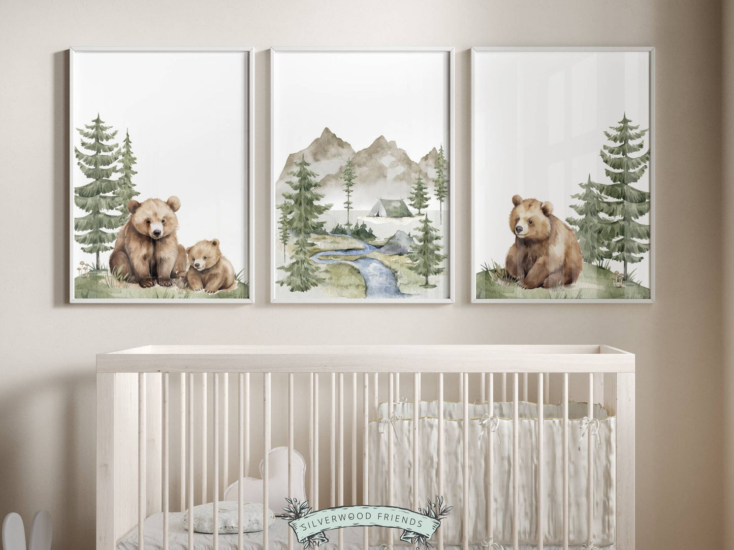 Our adorable Set of 3 Baby Bear Mountain Nursery Prints with watercolour brown bears and forest, mountain and river landscape, is the perfect addition to your baby's woodland nursery decor or nature themed nursery decor and makes a unique woodland baby shower gift.