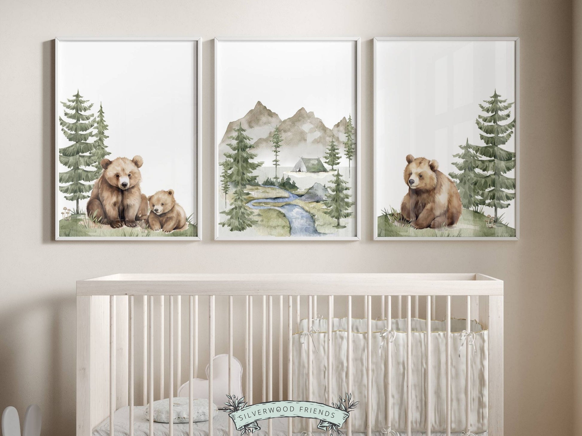 Our adorable Set of 3 Baby Bear Mountain Nursery Prints with watercolour brown bears and forest, mountain and river landscape, is the perfect addition to your baby's woodland nursery decor or nature themed nursery decor and makes a unique woodland baby shower gift.