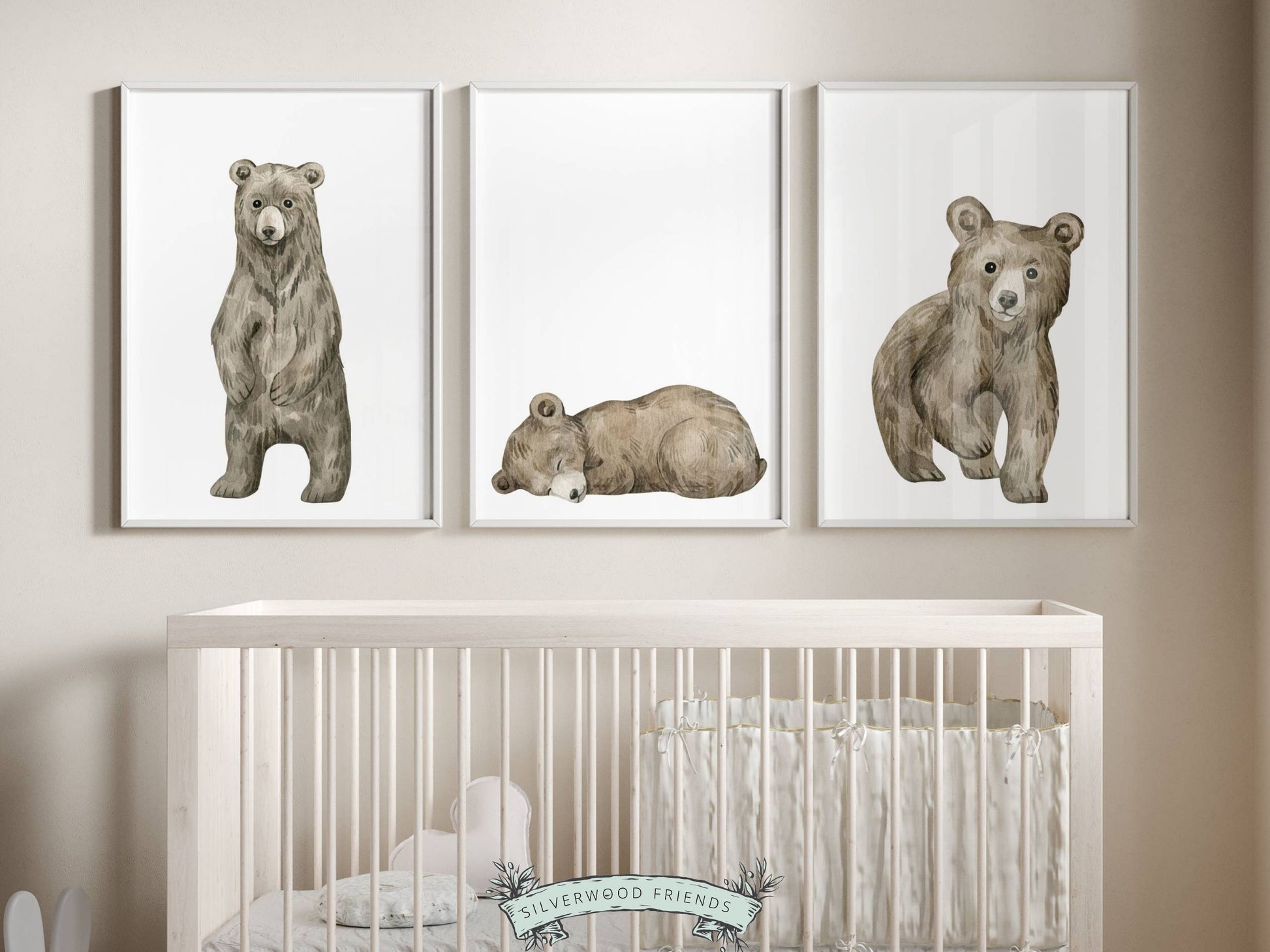 Our gorgeous watercolour Baby Bear Nursery Prints Set of 3 will transform your nursery instantly into a calm and cosy space for your little one and is the perfect addition to your woodland nursery decor or as a thoughtful baby shower gift.