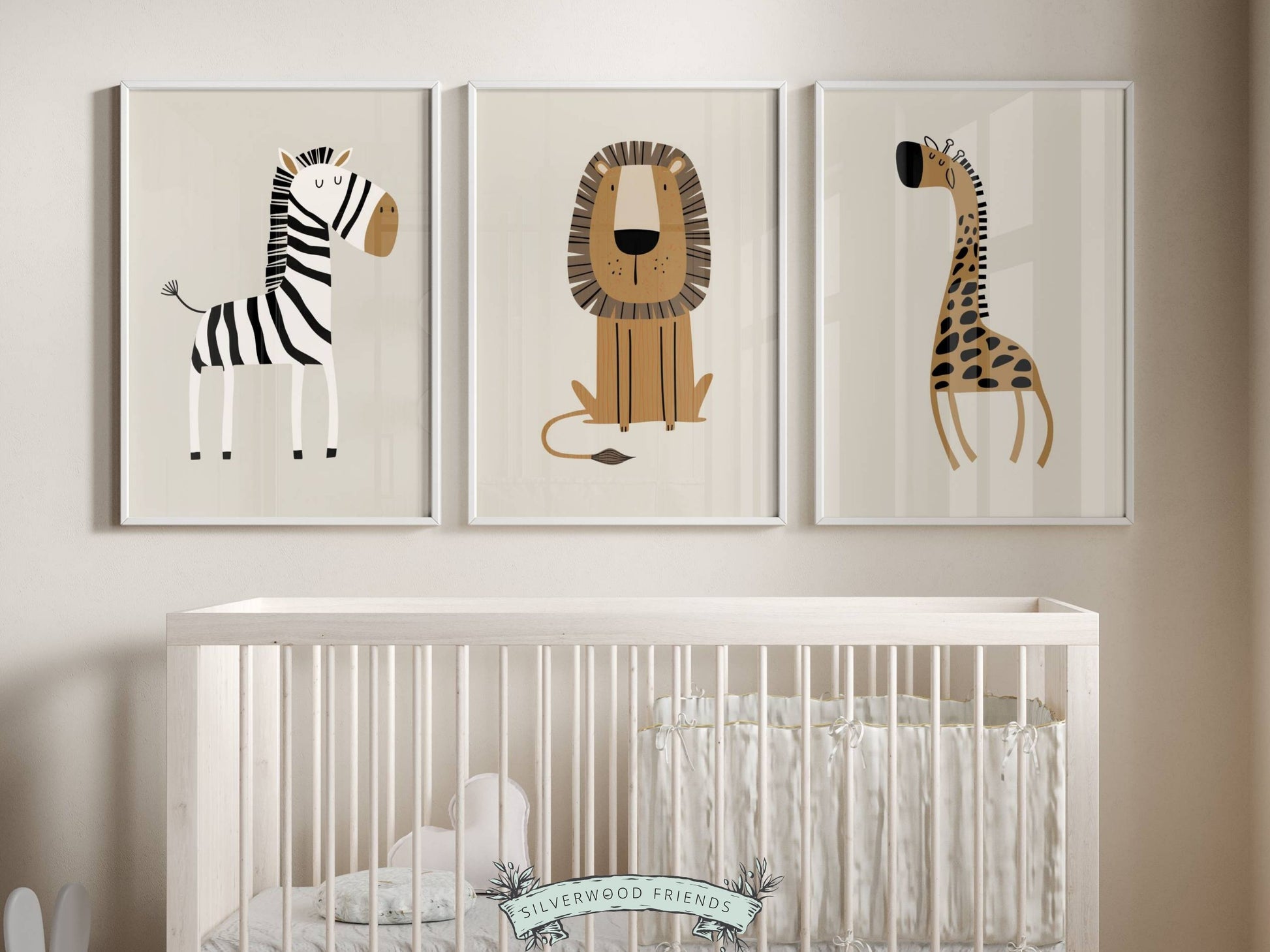 Our Boho Safari Animal Nursery Prints with jungle animals zebra, lion and giraffe is set on a beige background and perfect for your jungle nursery decor or as a new baby gift. It's part of our BEST SELLING safari nursery collection by Silverwood Friends.
