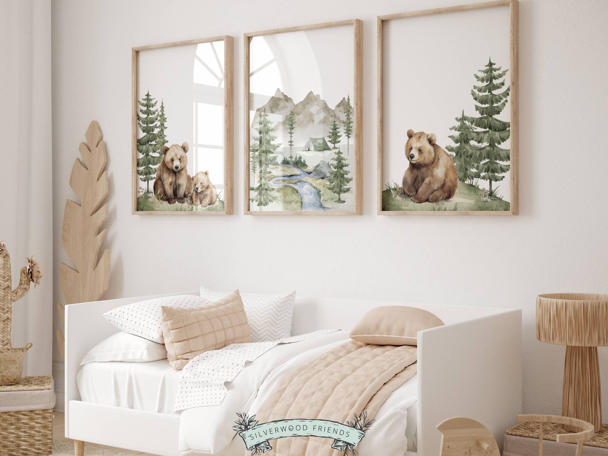 Our adorable Set of 3 Baby Bear Mountain Nursery Prints with watercolour brown bears and forest, mountain and river landscape, is the perfect addition to your baby's woodland nursery decor or nature themed nursery decor and makes a unique woodland baby shower gift.