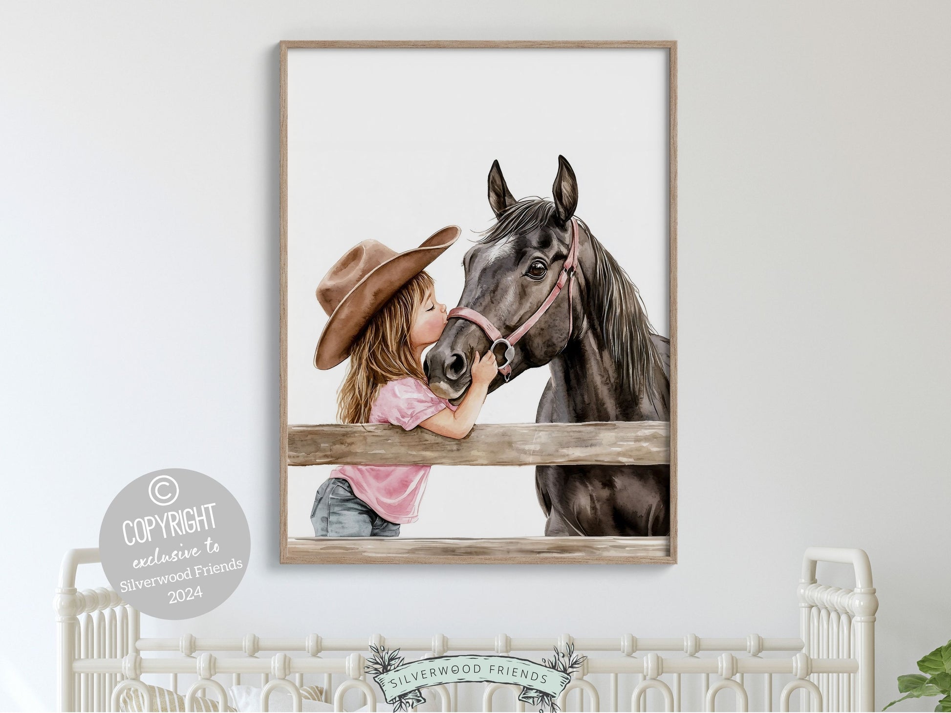watercolour print, depicting a cowgirl kissing her black horse atop a paddock fence. Perfect for cowgirl themed decor or as a heartfelt baby shower gift for horse riding enthusiasts.