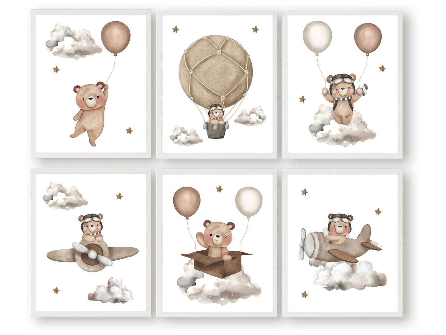 Set of 6 Teddy Bear Neutral Nursery Prints features adorable teddy bears embarking on adventures amidst a dreamy star-studded sky, flying airplanes and hot air balloons through fluffy clouds.