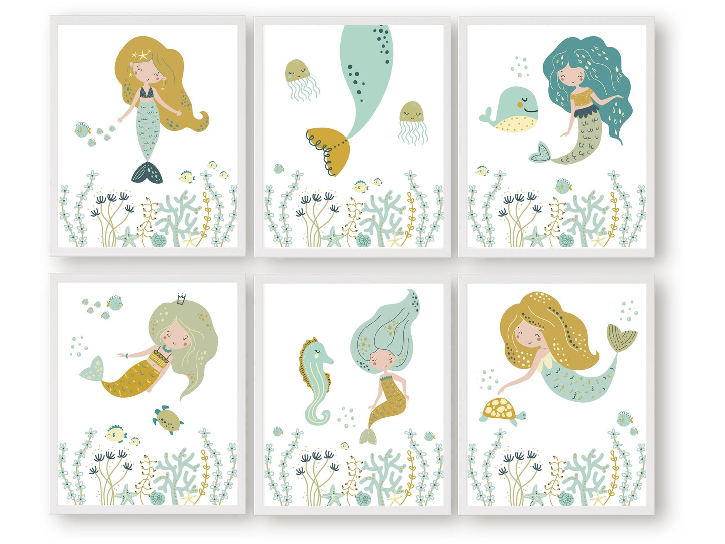 Set of 6 Pastel Mermaid Nursery Prints. These beautiful illustrations showcase mermaids swimming alongside a delightful array of sea creatures including a sea turtle, whale and fish adding a touch of magic to your baby girls nursery decor.