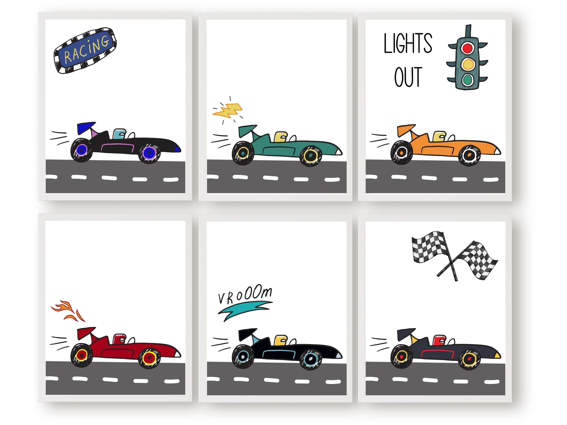 Fuel your little one's imagination with our Set of 6 Car Racing Nursery Prints, showcasing speedy race cars in an adorable cartoon style. The perfect addition to any transport-themed nursery or a racing enthusiasts room, these prints bring a touch of excitement to your childs decor