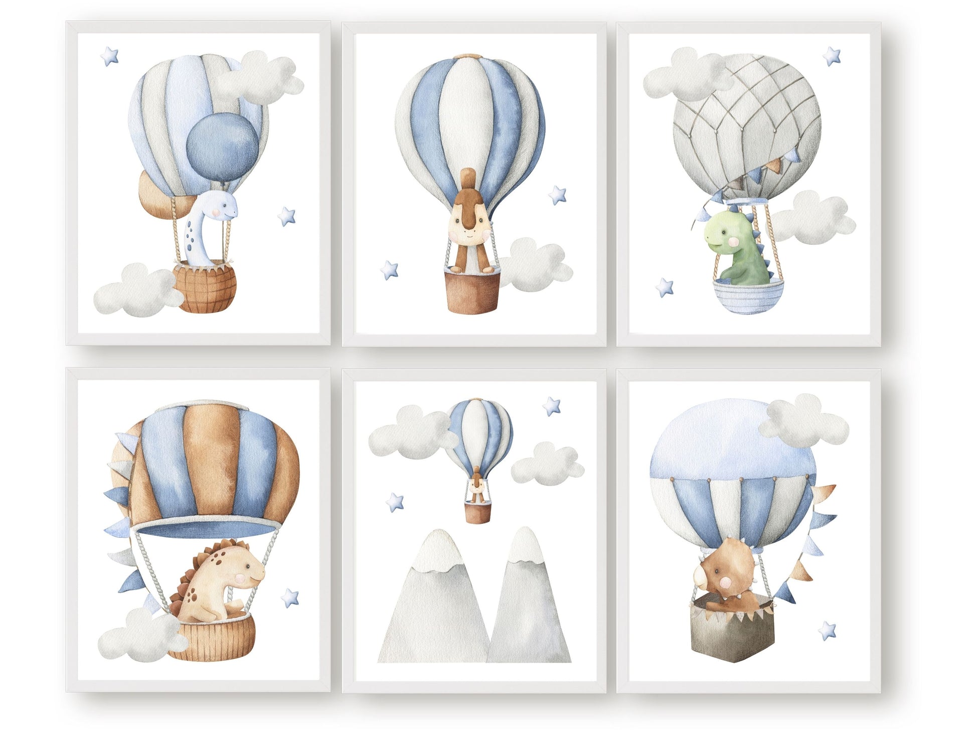 Our delightful Set of 6 Dinosaur Nursery Prints features watercolour dinosaurs in hot air balloons amongst stars and clouds. Perfect for your dinosaur theme nursery or as an adorable dinosaur baby shower gift.