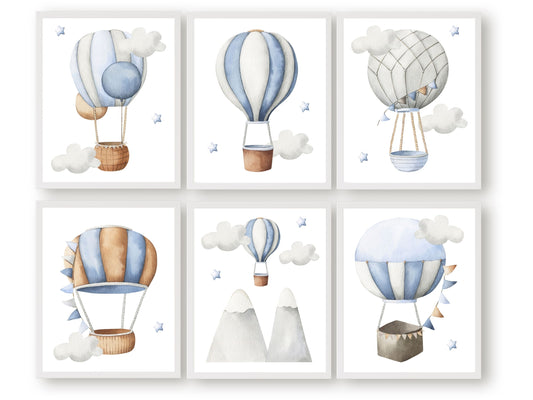 Our blue watercolour Hot Air Balloon Nursery Print Set of 6 will create a calm and cosy space for your little one and is a lovely addition to your boys transport nursery decor and also makes a lovely baby shower gift.
