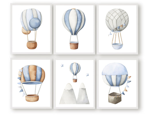 Our Hot Air Balloon Nursery Prints featuring watercolour blue and grey hot air balloons soaring through the sky will create a calm and cosy space for your little one and is a lovely addition to your boys transport nursery decor and also makes a lovely baby shower gift.