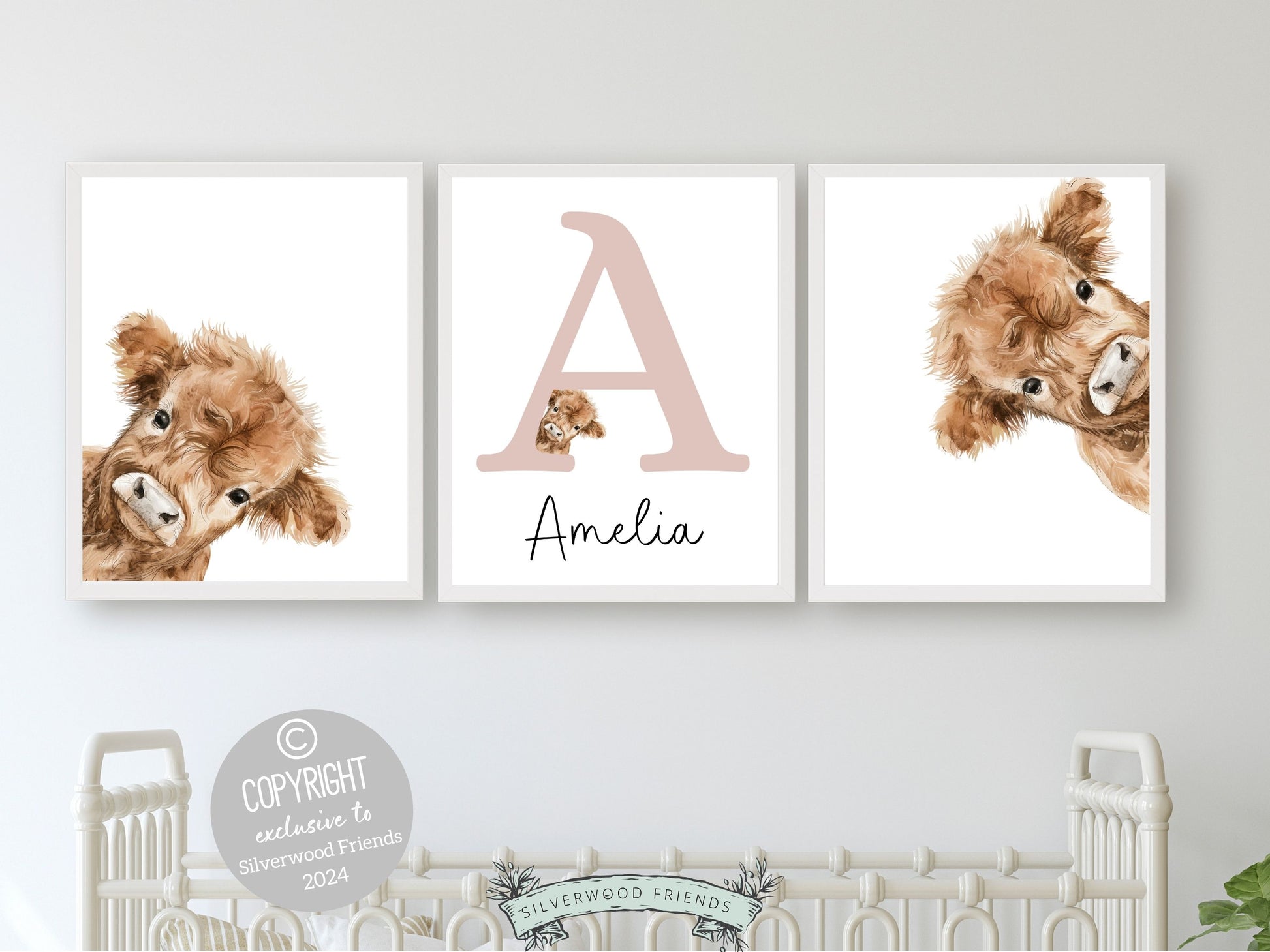 Our delightful minimalist Set of 3 Peeking Cow Custom Name Nursery Prints features adorable peeking cows with a custom letter and name in your choice of colour.