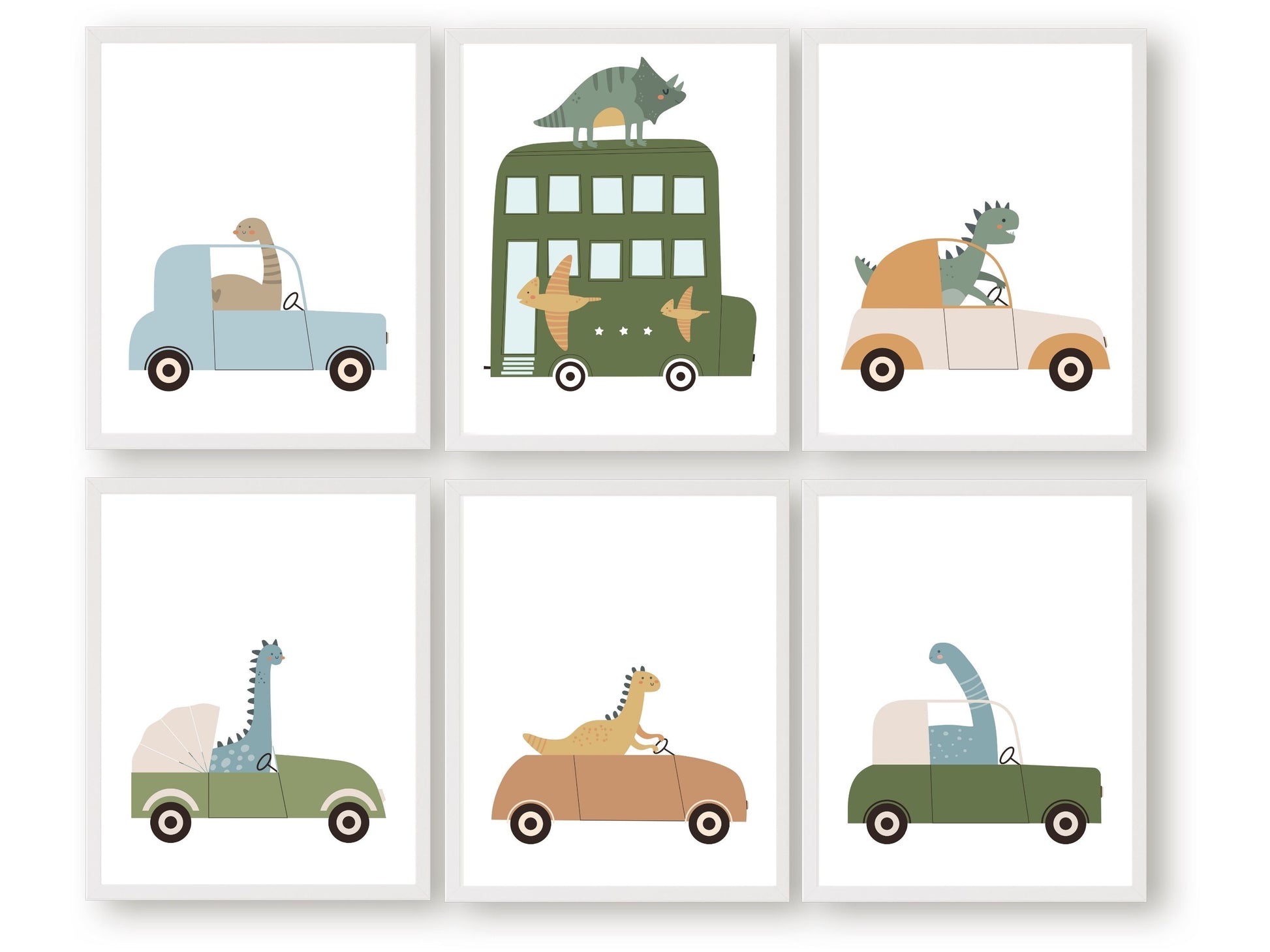 Set of 6 Dinosaur Car Nursery Prints features dinosaurs on wheels - the perfect addition to any dinosaur lovers nursery decor! Perfect for your dinosaur theme nursery or transport theme nursery and makes a unique dinosaur baby shower gift.