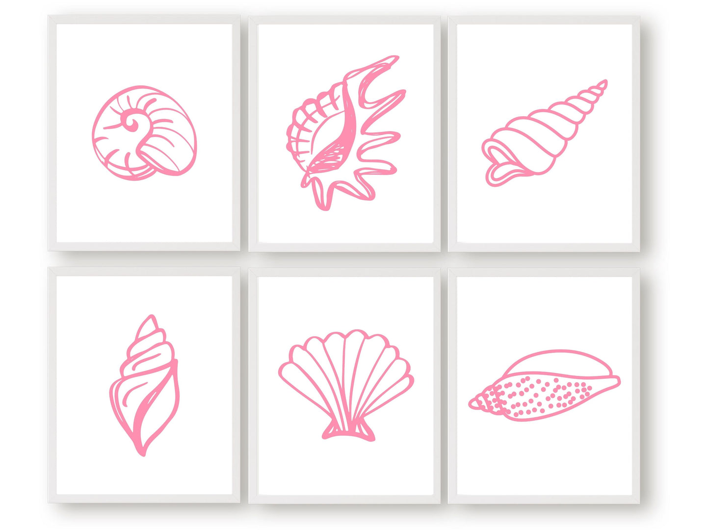et of 6 Pink Seashell Prints featuring colourful, pink minimalist designs, ideal for your beach house or girls room wall decor.