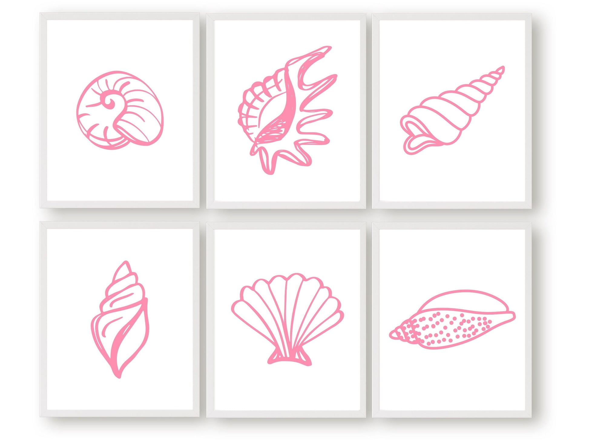 et of 6 Pink Seashell Prints featuring colourful, pink minimalist designs, ideal for your beach house or girls room wall decor.