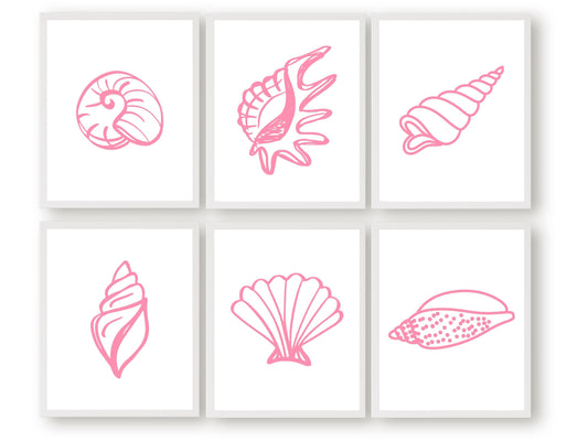 et of 6 Pink Seashell Prints featuring colourful, pink minimalist designs, ideal for your beach house or girls room wall decor.