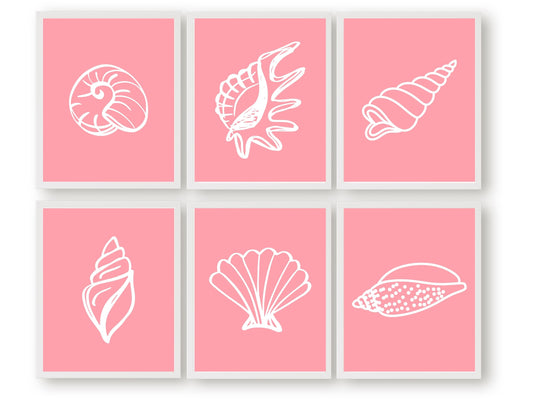 6 Pink Seashell Prints featuring white seashells on a pink background, ideal for your beach house or girls room wall decor.
