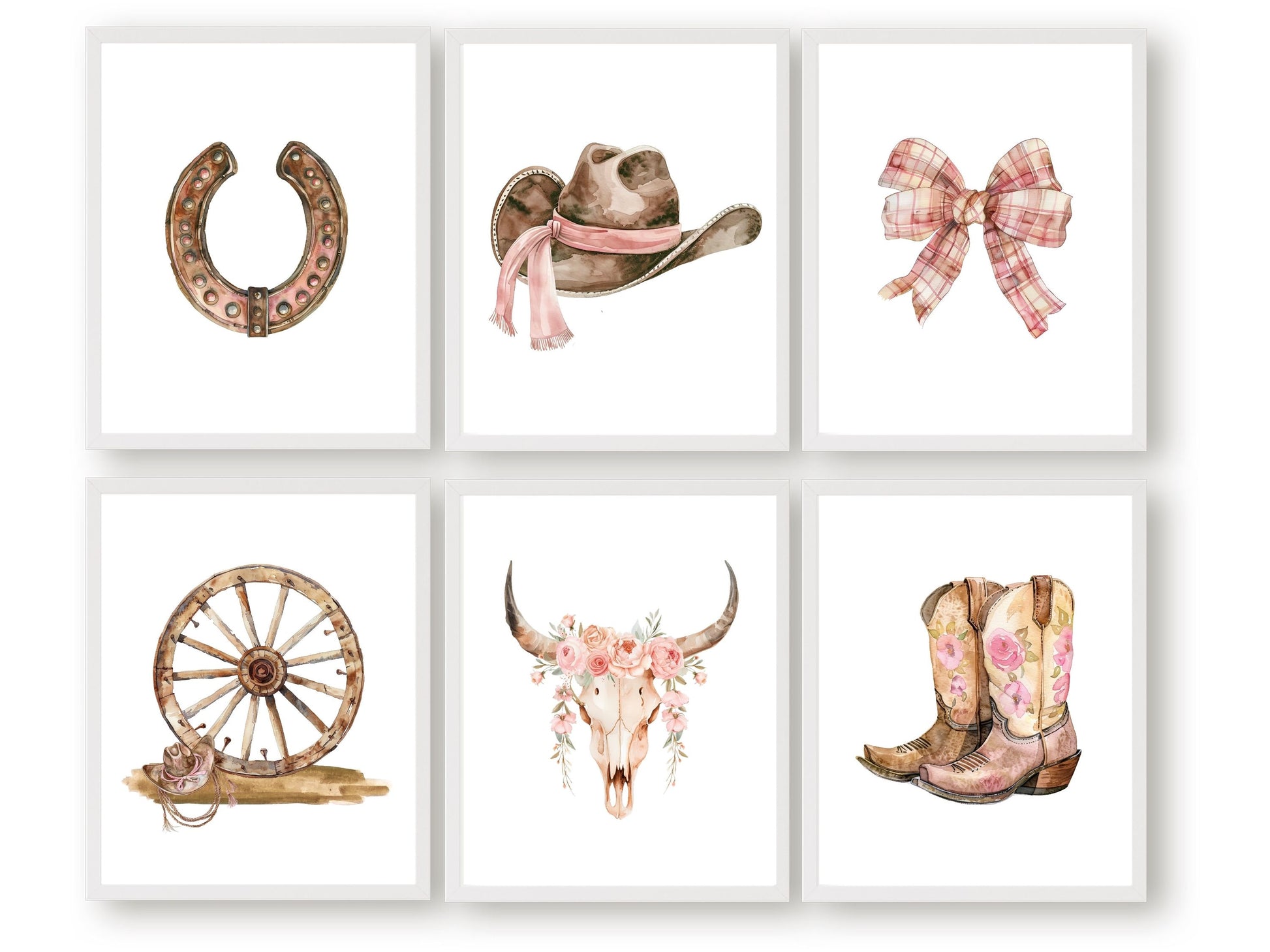 Infuse your baby girls nursery with western flair using our Set of 6 Cowgirl Nursery Prints, showcasing watercolour cowgirl essentials in soft pink and brown hues.