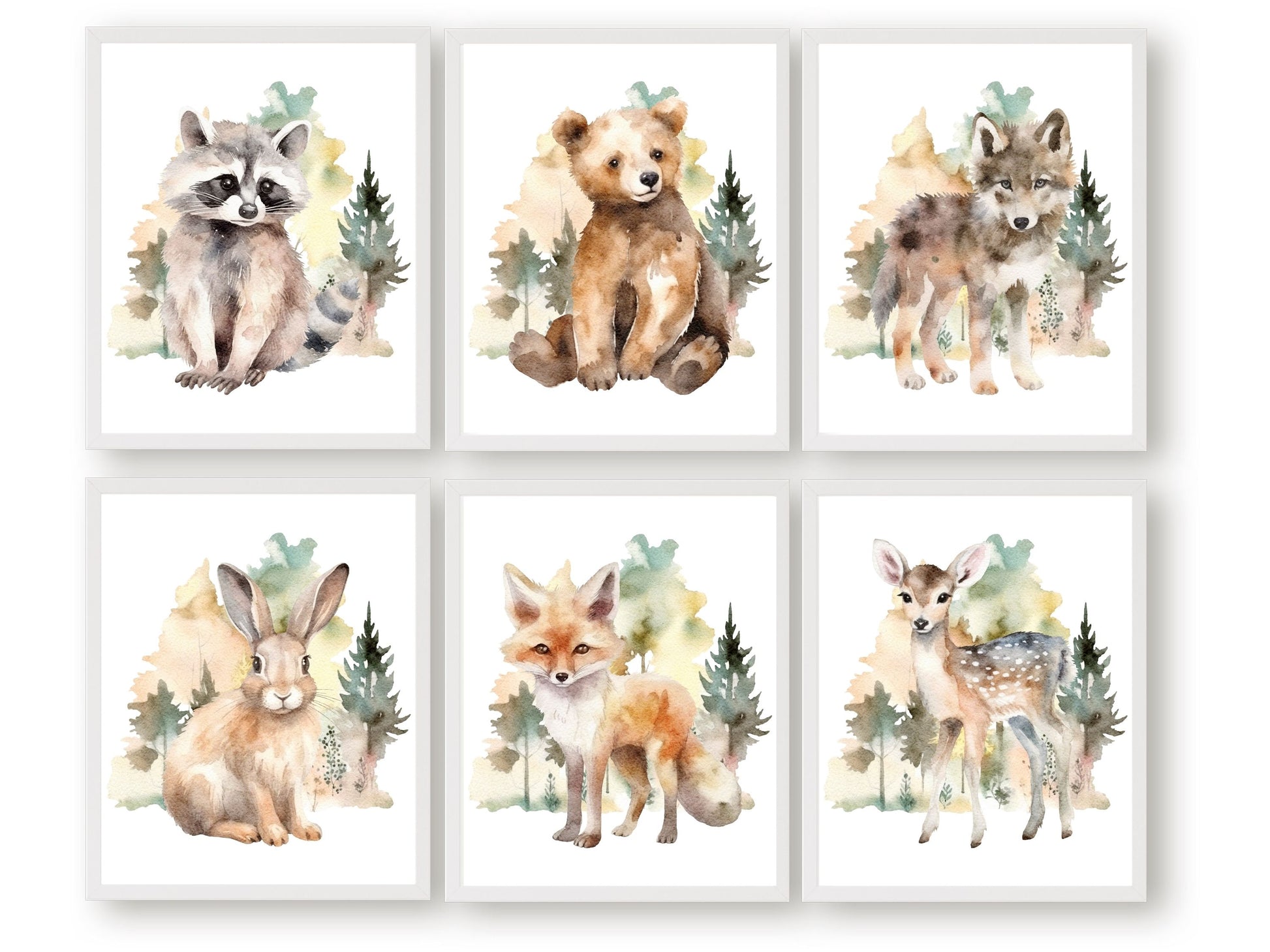 Our gorgeous Watercolour Woodland Animal Nursery Prints featuring baby bear, wolf, fox, bunny, deer and raccoon, are the perfect addition to your babys woodland nursery decor or nature themed nursery and also makes a unique baby shower gift.