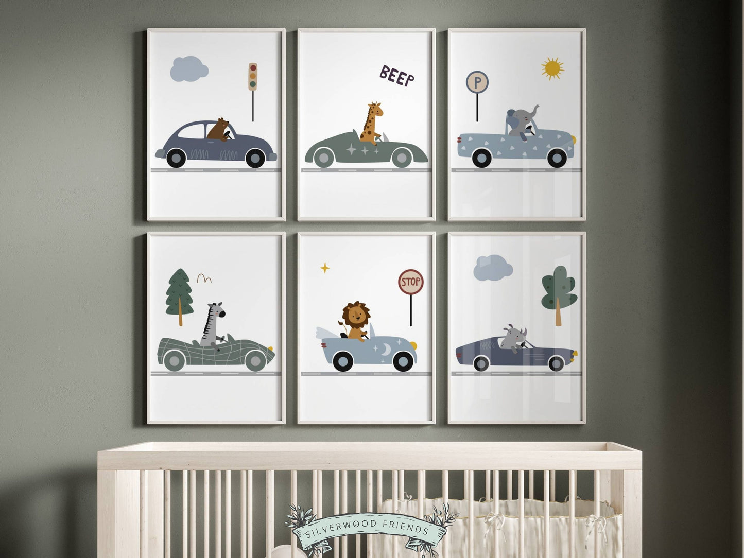 Transform your transport nursery decor with our charming Animals Driving Cars Nursery Prints, showcasing safari animals driving cars amidst woodland and traffic motifs. 
