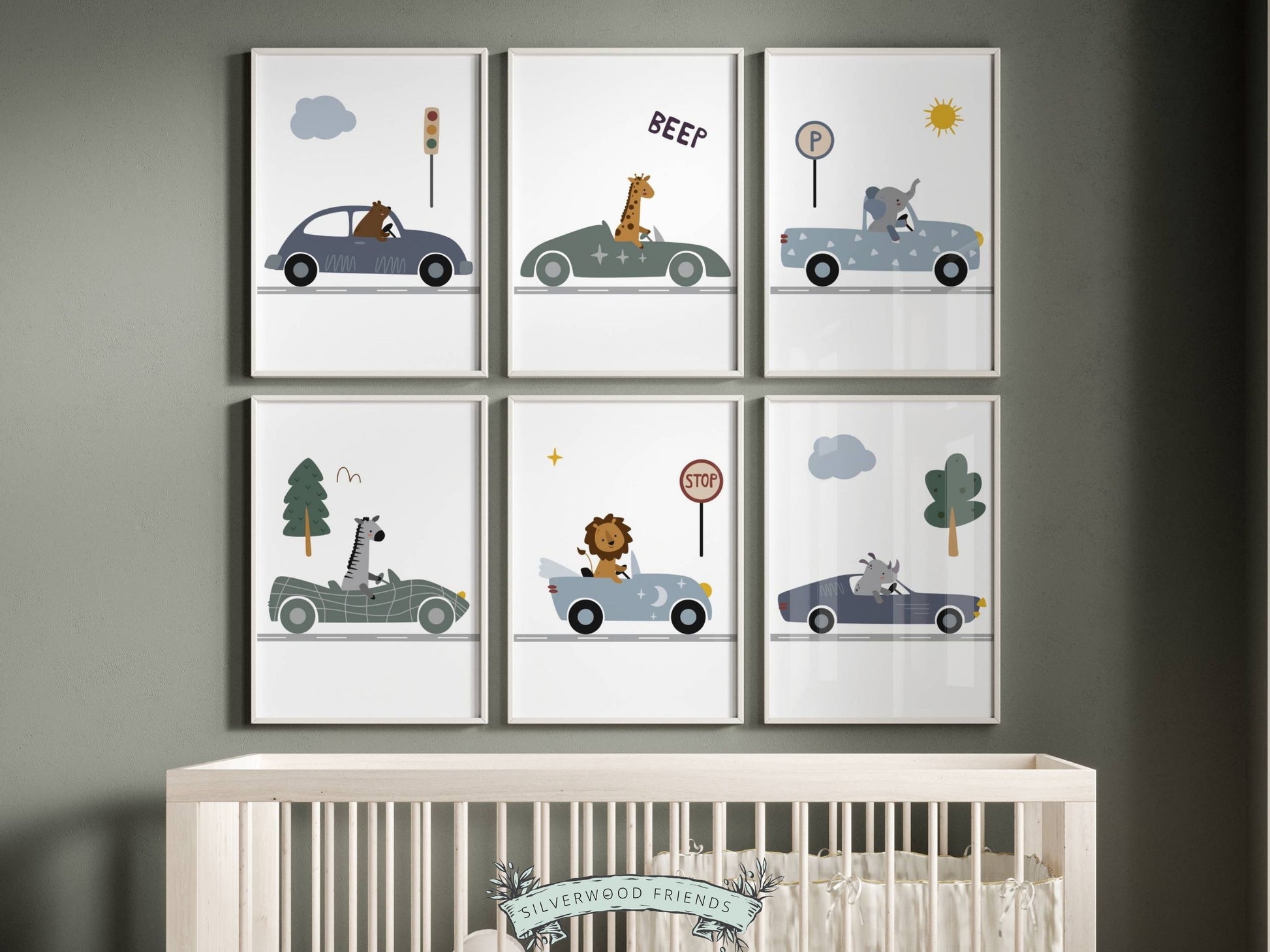 Transform your transport nursery decor with our charming Animals Driving Cars Nursery Prints, showcasing safari animals driving cars amidst woodland and traffic motifs. 