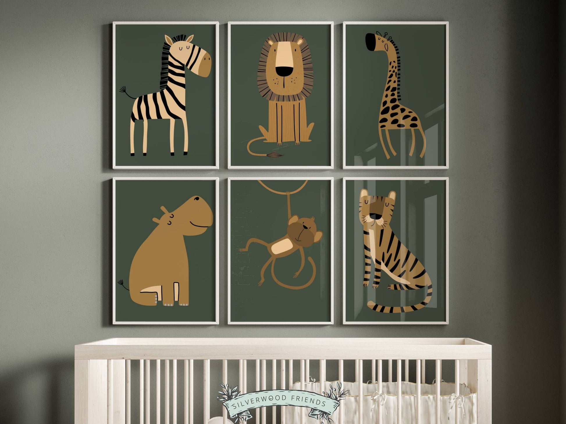 Our Boho Safari Animal Nursery Prints with jungle animals zebra, lion, giraffe, hippo, monkey and tiger is set on a green background and perfect for your jungle nursery decor and as a safari baby shower gift.